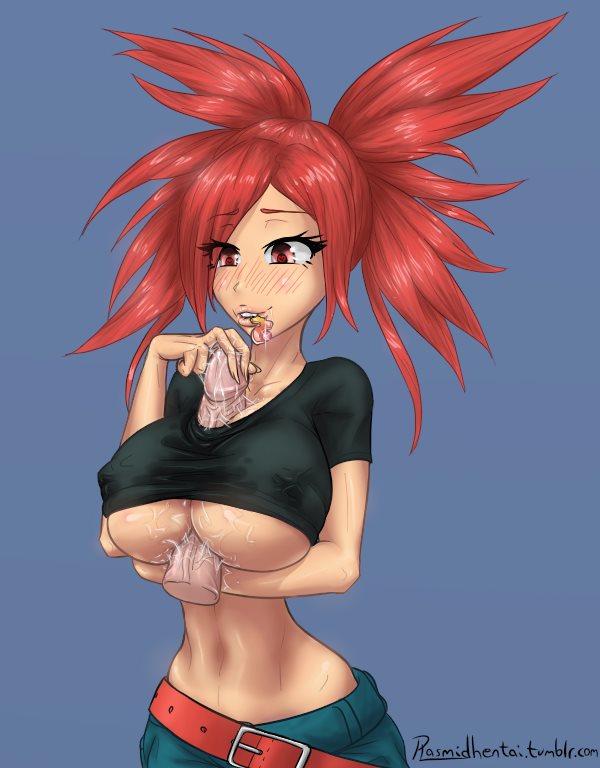 1boy, 1girls, abs, belly, belt, big hair, blue background, blush, breasts, clothed, condom, disembodied penis, erect nipples, erection, eyelashes, female, flannery (pokemon), heart, heart-shaped pupils, huge breasts, huge penis, human, human only, long hair, long penis, looking down, male, midriff, mouth hold, navel, nipples, paizuri, paizuri under clothes, penis, penis awe, plasmidhentai, pokemon, pokemon rse, ponytail, red eyes, red hair, saliva, shirt, shorts, smile, straight, tank top, teeth, text, thin waist, underboob, url, used condom, veins, veiny penis, watermark, wet, wide hips