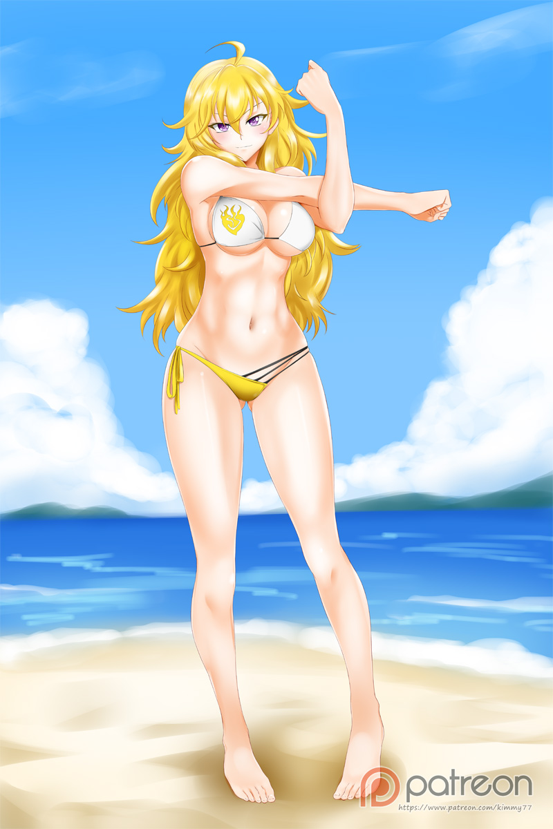 beach, bikini, blonde hair, breasts, cloud, day, female, female only, full body, kimmy77, large breasts, long hair, looking at viewer, ocean, outdoors, purple eyes, rwby, sand, sea, sky, solo, standing, swimsuit, water, yang xiao long