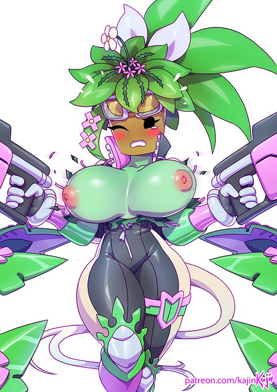 alternate version available, big breasts, blaster master, blaster master zero, blaster master zero 2, blush, bodysuit, breasts, cleavage, female, flower, green skin, guns, kajinman, kanna (blaster master), large breasts, latex, leaves, mob face, nipples, plant, plant girl, plantie, ripped clothing, tears, unzipped bodysuit, voluptuous, watermelon bra