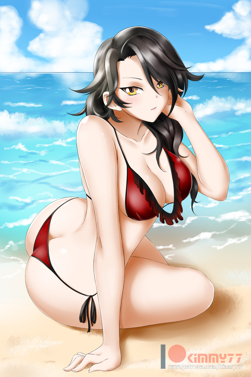 arm support, ass, ass cleavage, ass crack, beach, bikini, black hair, breasts, butt crack, cinder fall, cleavage, day, female, female only, hand up, kimmy77, large breasts, long hair, looking at viewer, ocean, outdoors, red bikini, red swimsuit, rwby, sand, sea, sitting, solo, swimsuit, water, yellow eyes