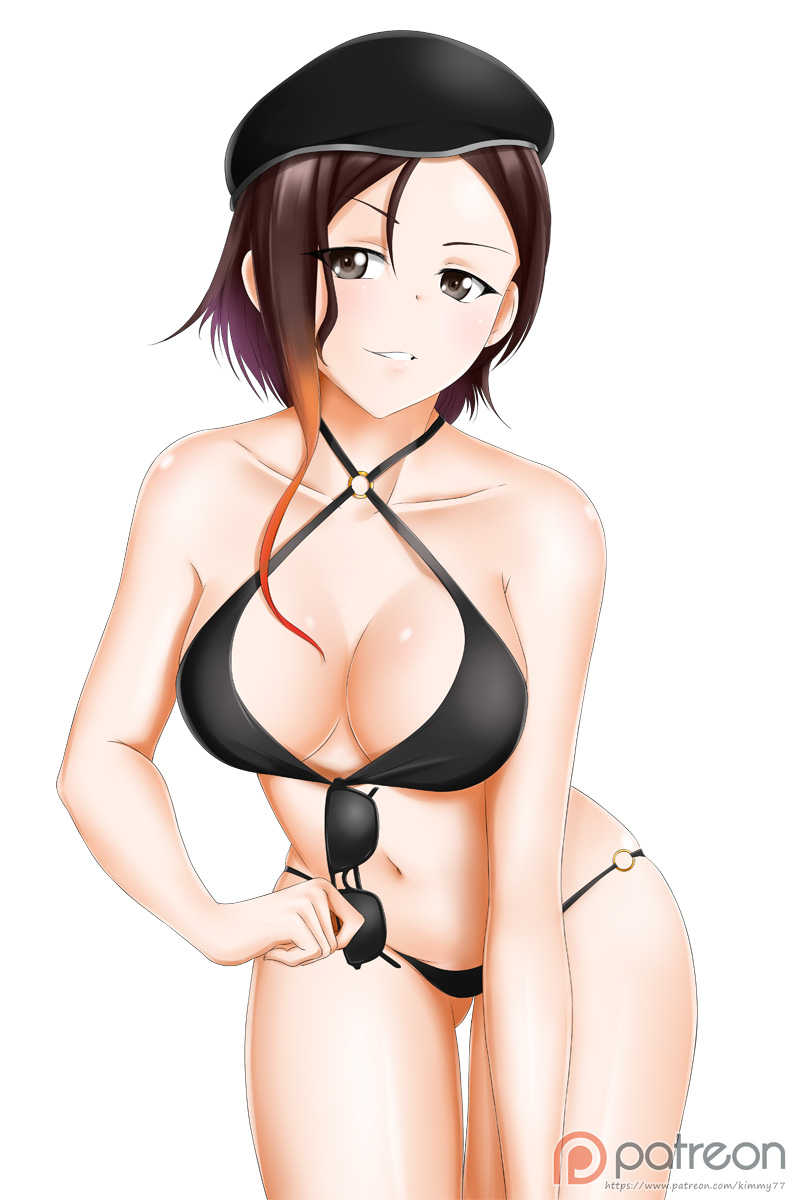 bare arms, bare legs, bare shoulders, beret, bikini, black bikini, black hat, black swimsuit, breasts, brown hair, cleavage, coco adel, criss-cross halter, eyewear removed, female, female only, grey eyes, grin, hat, kimmy77, large breasts, leaning, leaning forward, legs, looking at viewer, midriff, naughty face, navel, neck, o-ring, o-ring bikini, o-ring bottom, o-ring swimsuit, o-ring top, orange hair, parted lips, rwby, short hair, smile, solo, standing, sunglasses, sunglasses removed, swimsuit, two-tone hair, white background