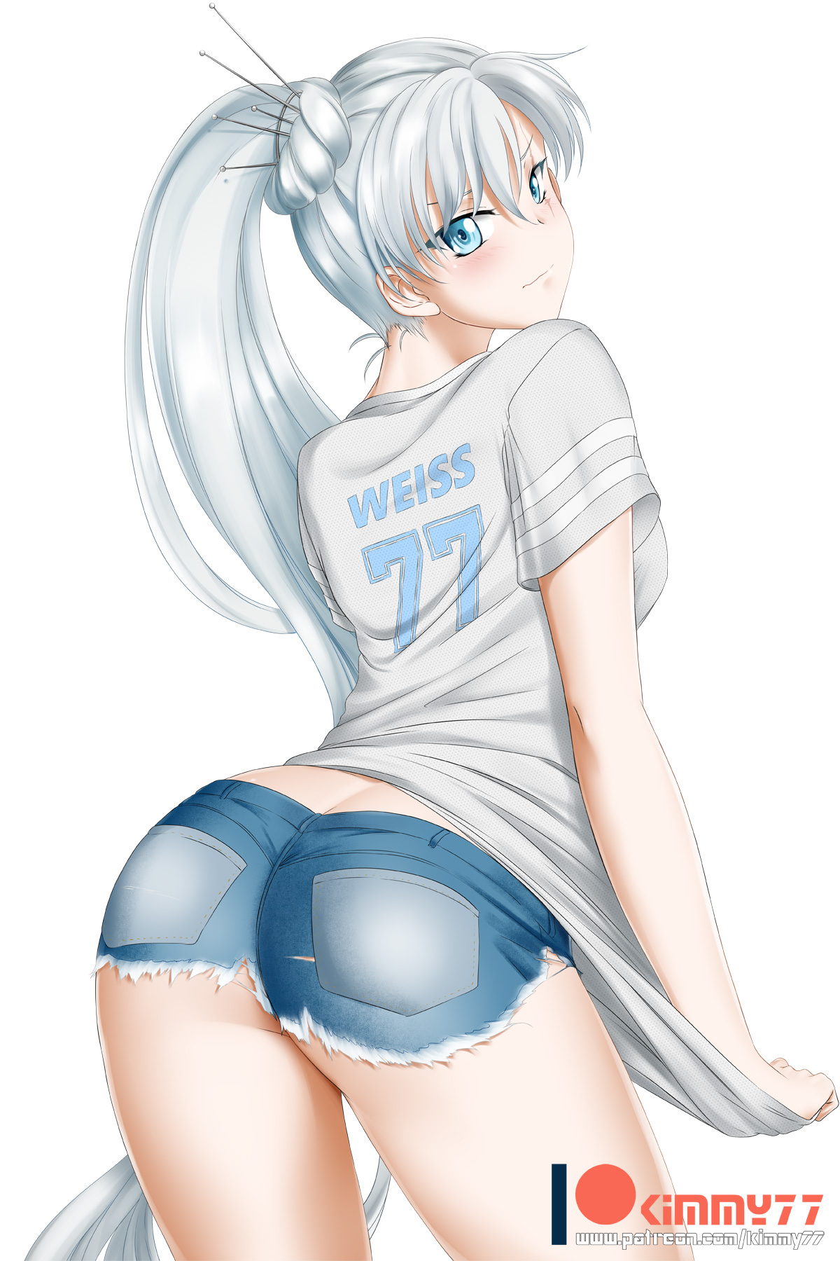 ass, ass cleavage, ass crack, blue eyes, breasts, butt crack, denim shorts, female, female only, kimmy77, long hair, looking at viewer, looking back, rwby, shirt, short shorts, shorts, side ponytail, silver hair, small breasts, solo, standing, t-shirt, weiss schnee, white background