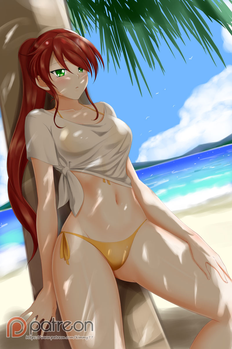 :o, against tree, bare arms, bare legs, beach, bikini, blush, breasts, cloud, day, dutch angle, female, female only, green eyes, kimmy77, legs, long hair, looking at viewer, medium breasts, midriff, navel, ocean, outdoors, palm tree, ponytail, pyrrha nikos, red hair, rwby, sand, sea, shade, shirt, side-tie panties, sky, solo, standing, swimsuit, tree, water, white shirt, yellow bikini, yellow swimsuit