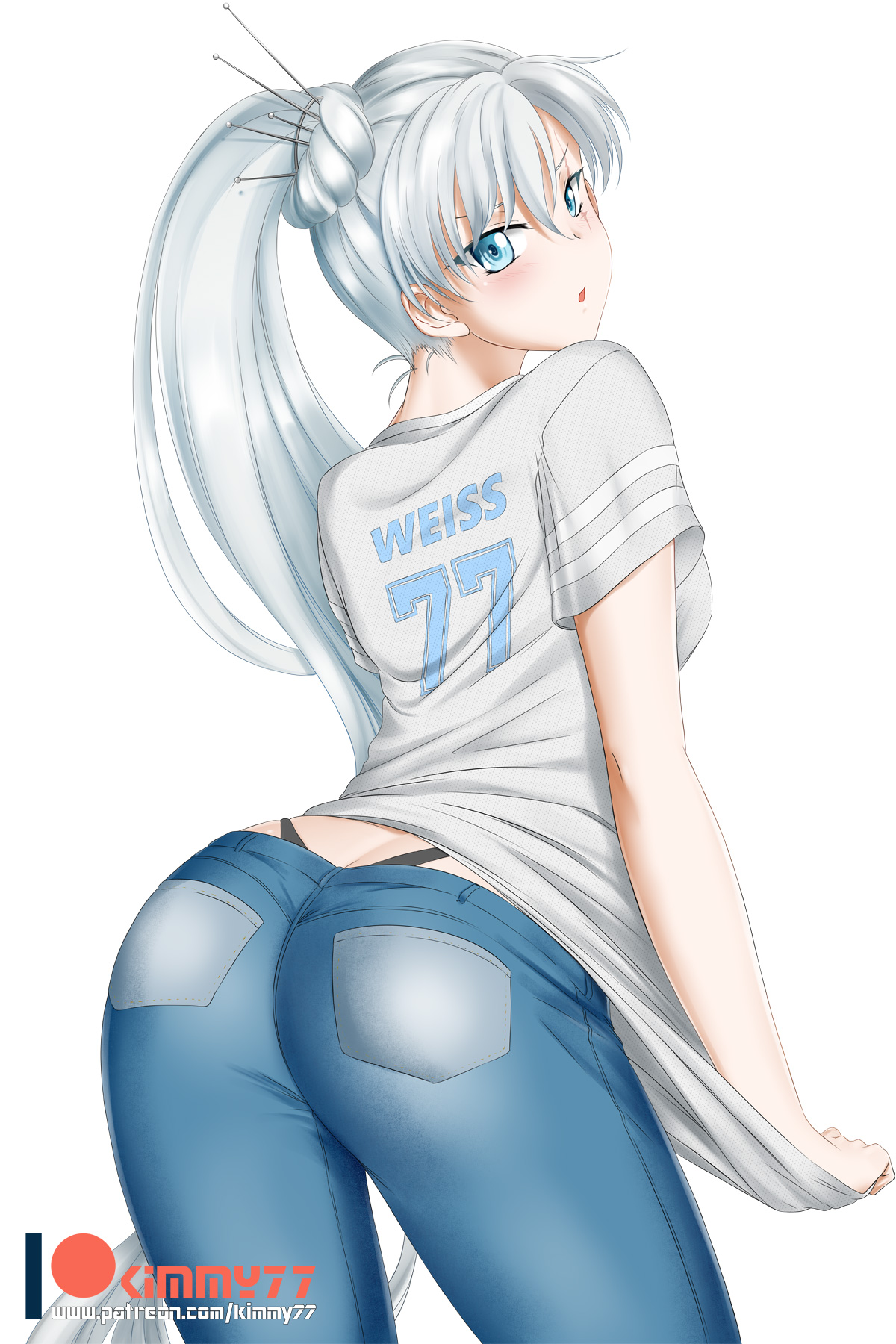 ass, ass cleavage, ass crack, blue eyes, breasts, butt crack, denim, female, female only, jeans, kimmy77, long hair, looking at viewer, looking back, pants, rwby, shirt, side ponytail, silver hair, small breasts, solo, standing, t-shirt, weiss schnee, white background