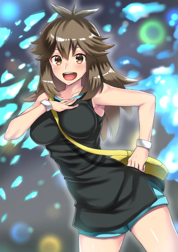 1girls alternate_breast_size armpits backpack bag bare_shoulders blush bracelet breasts brown_eyes brown_hair cave clothed female female_only green_(pokemon) hand_on_chest human human_only large_breasts leaf_(pokemon) long_hair looking_at_viewer nintendo open_mouth pokemon pokemon_lgpe pokemon_rgby shirt shorts smile solo source_request spread_legs standing takecha teeth tongue wide_hips