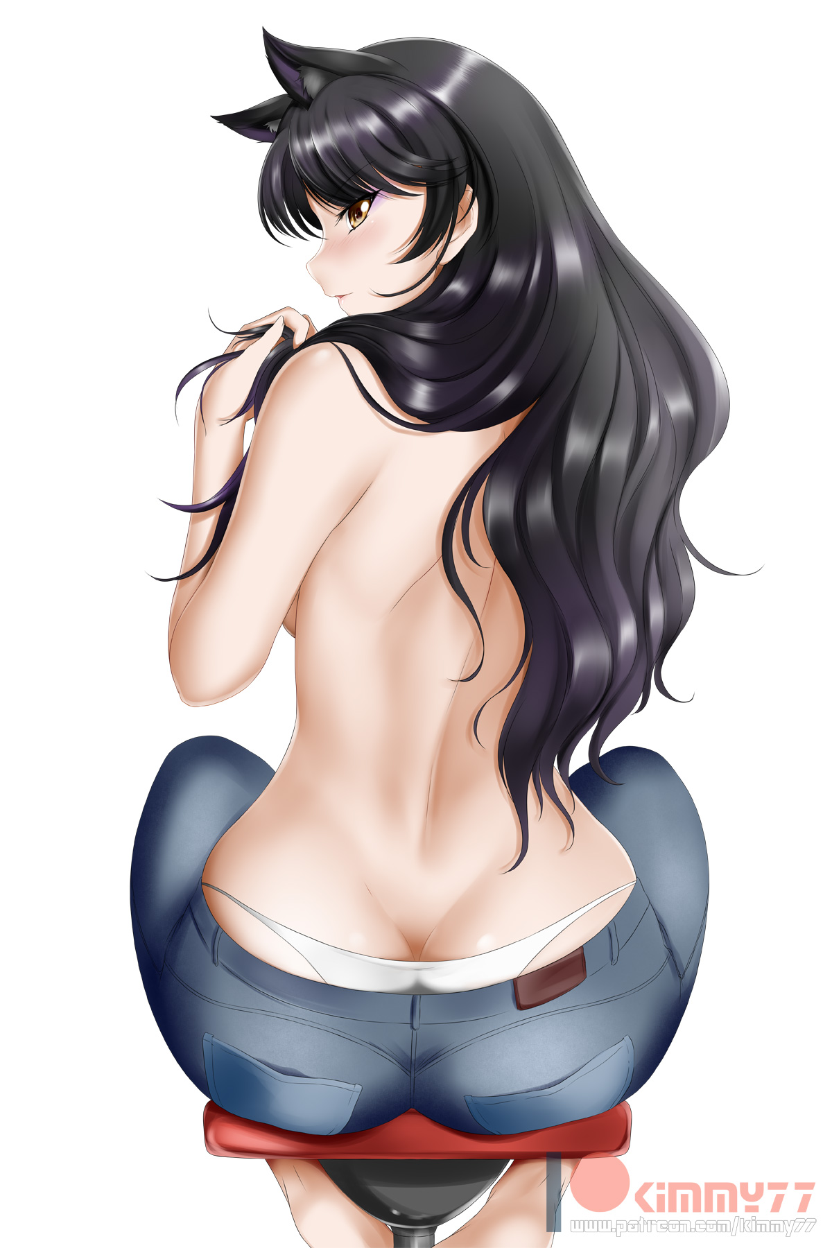 animal ears, ass, ass cleavage, ass crack, back, backboob, bare back, black hair, blake belladonna, breasts, butt crack, cat ears, denim, female, female only, jeans, kimmy77, long hair, looking at viewer, looking back, pants, rwby, sitting, solo, topless, topless female, topless jeans, white background, yellow eyes