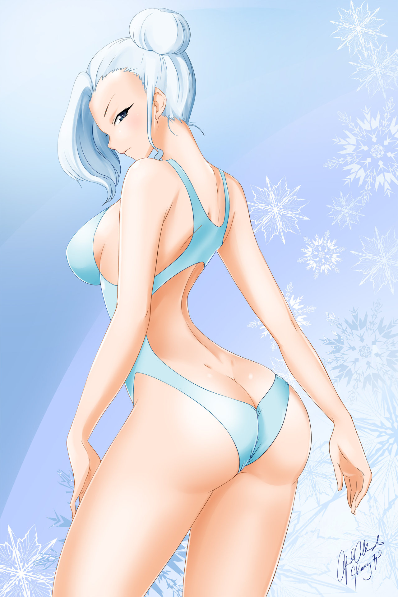 ass, ass cleavage, ass crack, bare arms, bare legs, bare shoulders, blue eyes, breasts, butt crack, female, female only, hair bun, head down, kimmy77, large breasts, legs, looking at viewer, looking back, neck, one-piece swimsuit, rwby, short hair, silver hair, solo, swimsuit, winter schnee