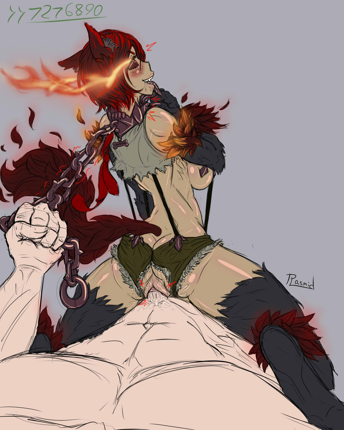 animal hands, animal legs, athletic, athletic female, chained, female, hellhound (monster girl encyclopedia), human, human penetrating, light skin, light-skinned male, male, male pov, monster girl encyclopedia, plasmidhentai