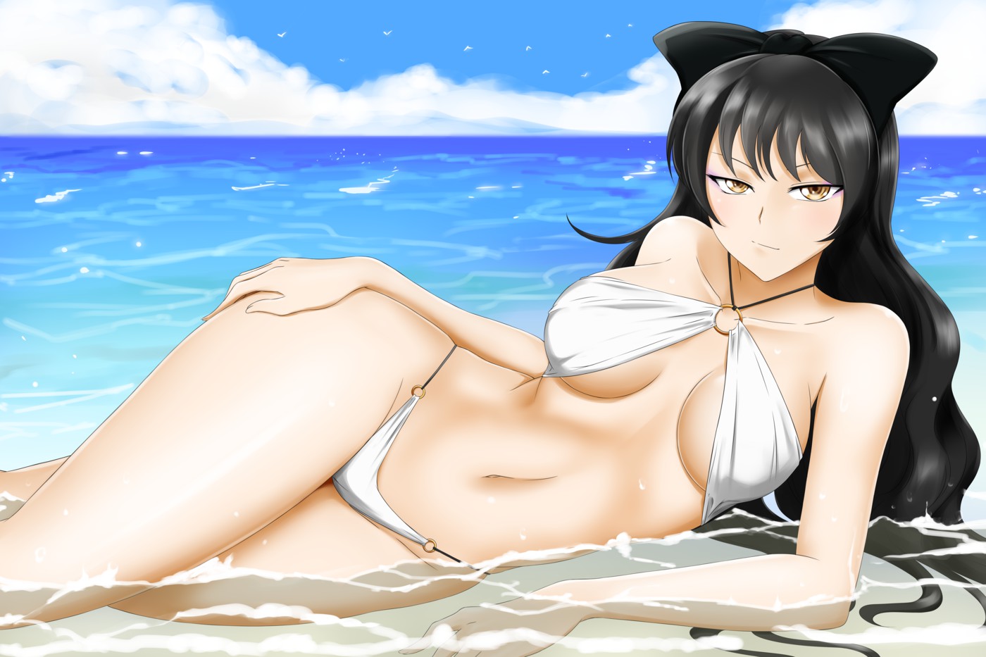 bare shoulders, beach, bikini, black bow, black hair, blake belladonna, bocas top, bow, breasts, closed mouth, cloud, collarbone, criss-cross halter, female, female only, hairbow, hand on own leg, hand on own thigh, kimmy77, large breasts, long hair, looking at viewer, lying, midriff, navel, o-ring, o-ring bikini, o-ring bottom, o-ring swimsuit, o-ring top, ocean, on side, outdoors, rwby, sea, sky, smile, solo, swimsuit, underboob, water, wet, wet hair, white bikini, white swimsuit, yellow eyes
