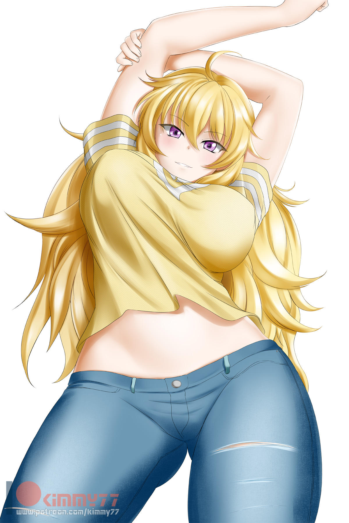 arms up, blonde hair, breasts, female, female only, from below, jeans, kimmy77, large breasts, long hair, looking at viewer, midriff, pants, purple eyes, rwby, shirt, short sleeves, smile, solo, standing, white background, yang xiao long