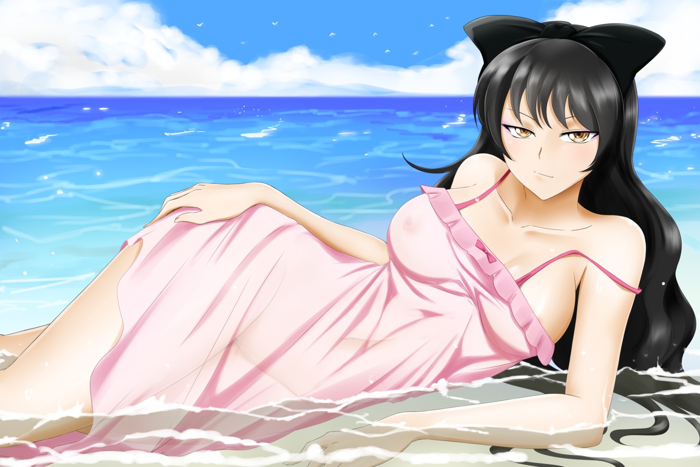 areola slip, areolae, bare shoulders, beach, black bow, black hair, blake belladonna, bow, breasts, closed mouth, cloud, collarbone, dress, female, female only, hairbow, hand on own leg, hand on own thigh, kimmy77, large breasts, long hair, looking at viewer, lying, nipples, ocean, off shoulder, on side, outdoors, pink dress, rwby, sea, see-through, sky, smile, solo, strap slip, water, wet, wet clothes, wet dress, wet hair, yellow eyes