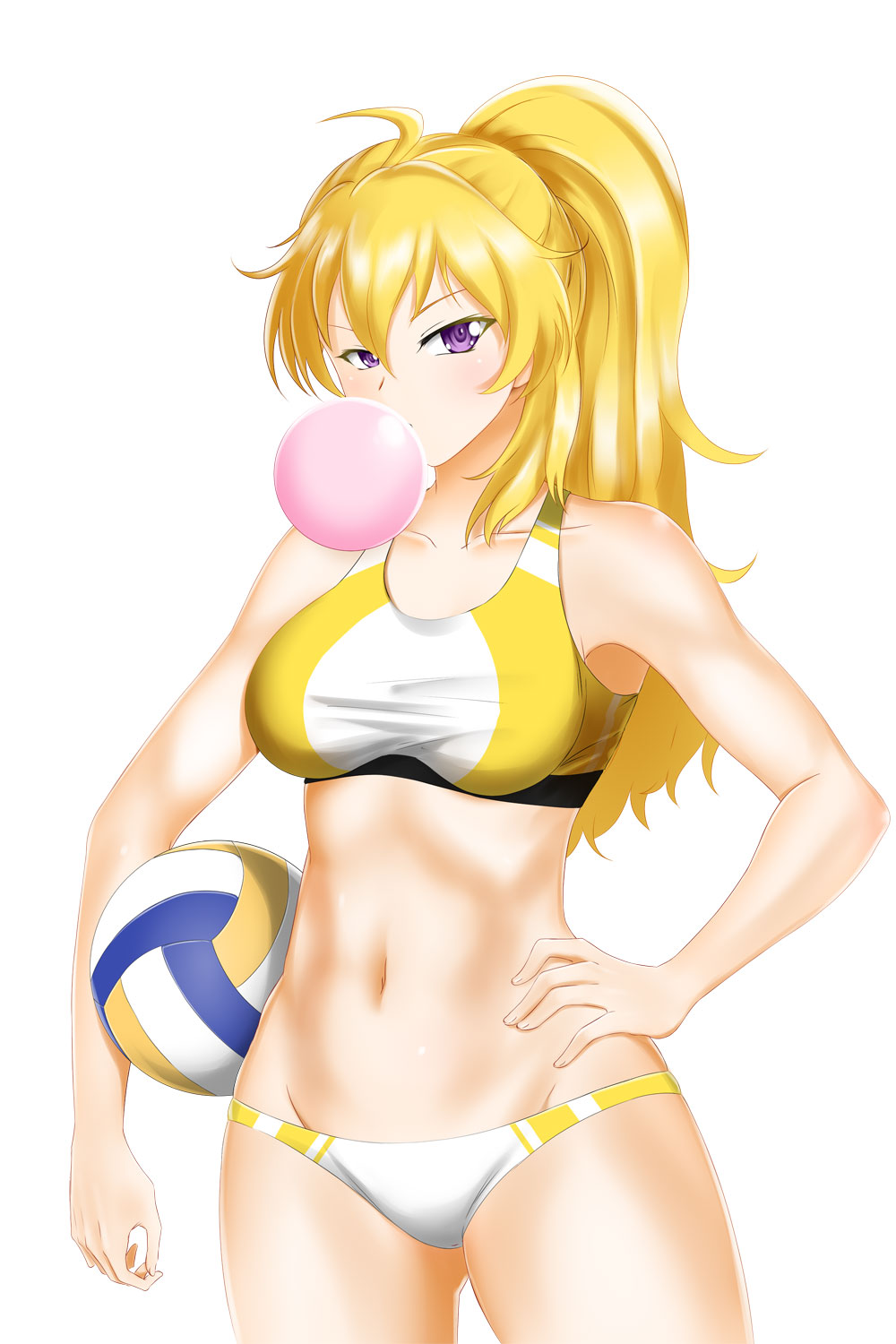 ball (object), bikini, blonde hair, breasts, bubble gum, female, female only, hand on hip, kimmy77, large breasts, long hair, looking at viewer, ponytail, purple eyes, rwby, solo, standing, swimsuit, volleyball, white background, yang xiao long