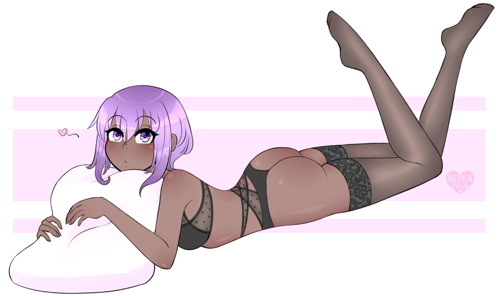 ass blush bob_cut bra bubble_butt dark-skinned_female dark_skin eyebrows_visible_through_hair fate/grand_order fate_(series) feet_up female female female_only hassan_of_serenity_(fate) heart holding_object koyakyuun lingerie looking_at_viewer lying panties purple_eyes purple_hair shiny_hair thighhighs