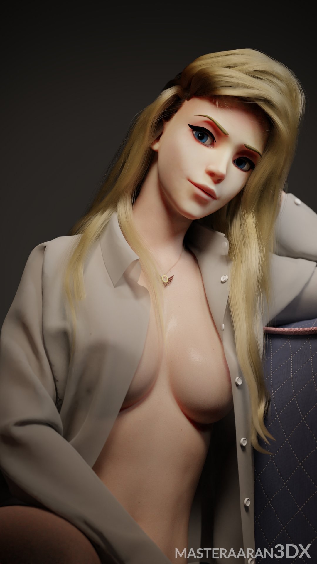 1girls, 3d, artist name, big breasts, blizzard entertainment, blonde hair, blue eyes, breasts, female, female only, long hair, looking at viewer, masteraaransfm, mercy, necklace, open shirt, overwatch, solo