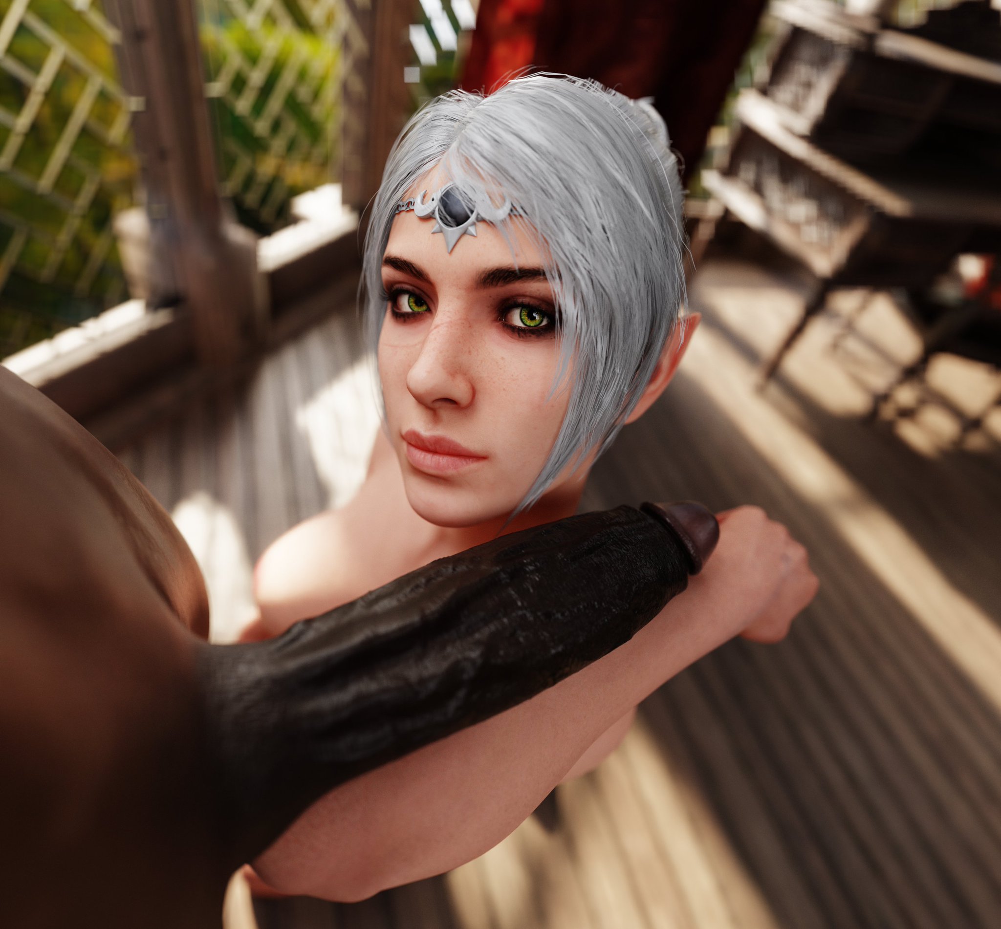 1boy, 1girls, 3d, baldur's gate, baldur's gate 3, big penis, breasts, circlet, cock, completely nude, dark skin, dark-skinned male, derpderp, dungeons and dragons, duo, elf, eyeshadow, facial scar, forearm cock, forgotten realms, green eyes, half-elf, huge cock, interracial, light skin, light-skinned female, looking at viewer, measuring penis, nipples, nude, nude female, nude male, on knees, penis, pointy ears, ponytail, puckered lips, scar, scar on face, shadowheart, size comparison, straight, white hair, wizards of the coast