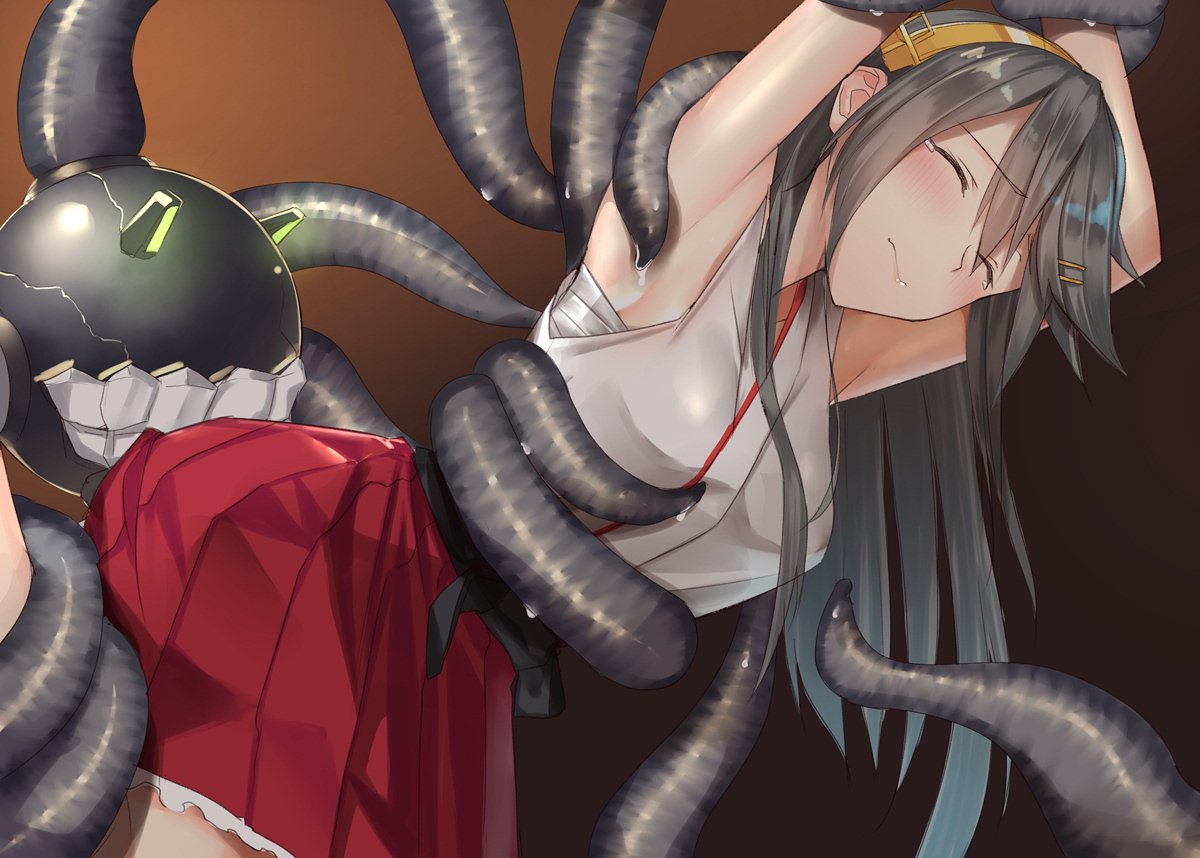 ambiguous_penetration armpits black_hair blush breasts closed_eyes closed_mouth clothing commentary_request covered_penetration enemy_naval_mine_(kantai_collection) eyebrows_visible_through_hair female hair_between_eyes hair_ornament hairclip haruna_(kantai_collection) headgear implied_penetration implied_sex kantai_collection large_breasts long_hair nontraditional_miko pallad red_skirt restrained sarashi sex_under_clothes sex_under_skirt shinkaisei-kan skirt tears tentacle tentacle_under_skirt tentacles_under_clothes