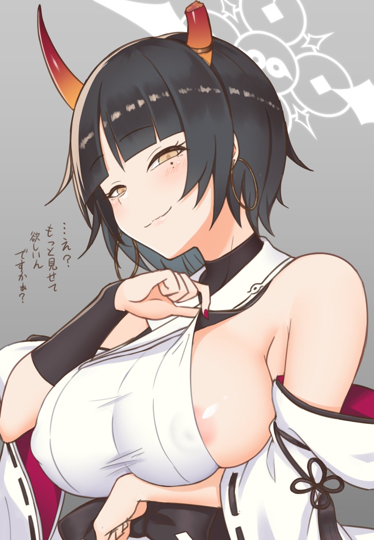 1girls, areola slip, arm under breasts, black hair, blue archive, blush, breasts, bridal gauntlets, broken horn, covered nipples, detached sleeves, earrings, grey background, half-closed eyes, hoop earrings, horns, japanese clothes, jewelry, kimono, kimono pull, large breasts, looking at viewer, mole, mole under eye, nail polish, nipples, niya (blue archive), no bra, off shoulder, oni horns, see-through clothes, short hair, sideboob, sideless kimono, single bridal gauntlet, sleeveless, sleeveless kimono, smile, solo, unusually open eyes, upper body, wide sleeves, yasojima nejiro, yellow eyes