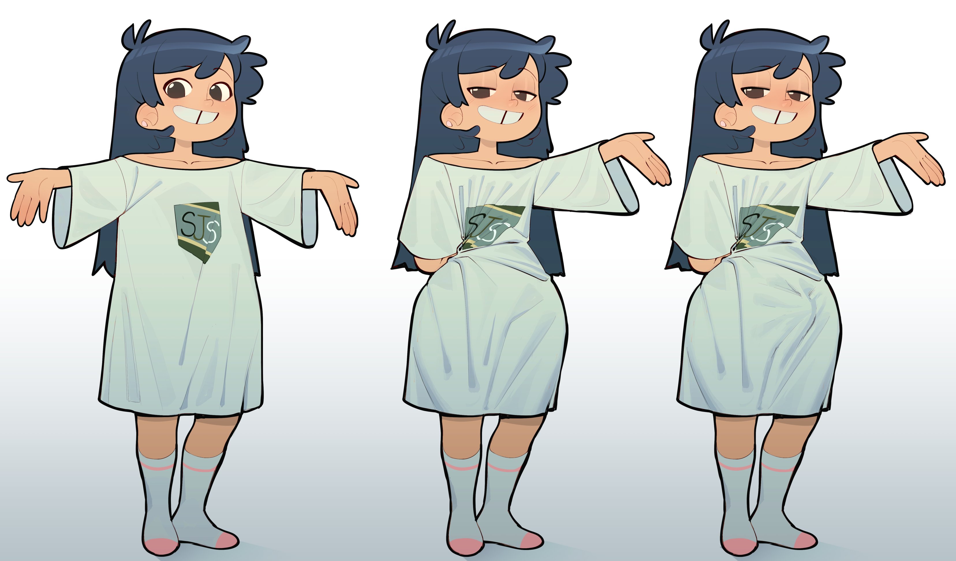 black hair, blush, brown eyes, bulge, ear piercing, femboy, gap teeth, long hair, male, narrowed eyes, original character, penis, pulling own clothes, shirt, smile, socks, wide hips, zamoshvik