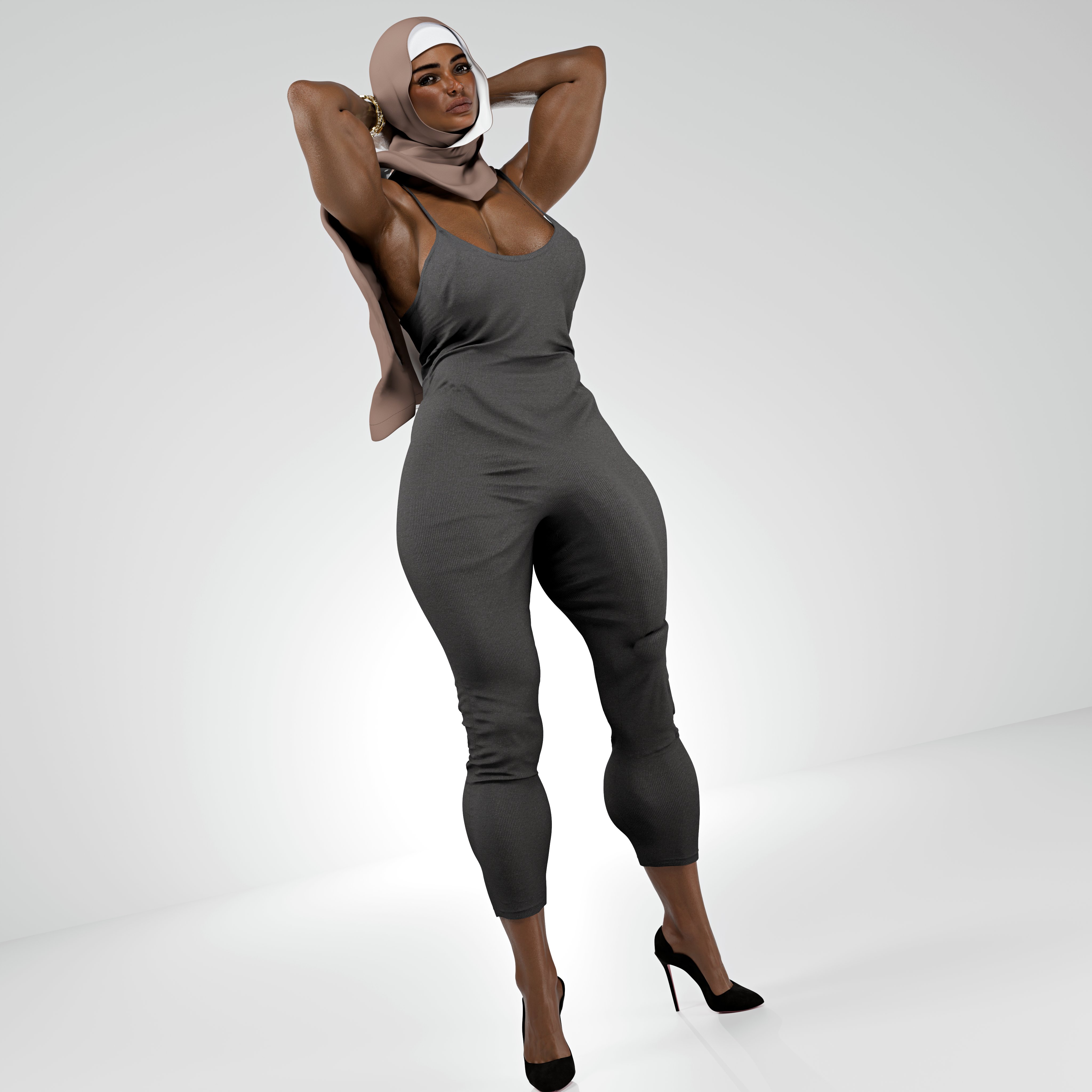 1futa, 3d, aisha (blankken), arabian, arabian clothes, arabian female, arabian futa, big breasts, blankken, bulge, bulge through clothing, dark-skinned futa, futanari, headwrap, hijab, huge cock, muscular, nose piercing, shawl