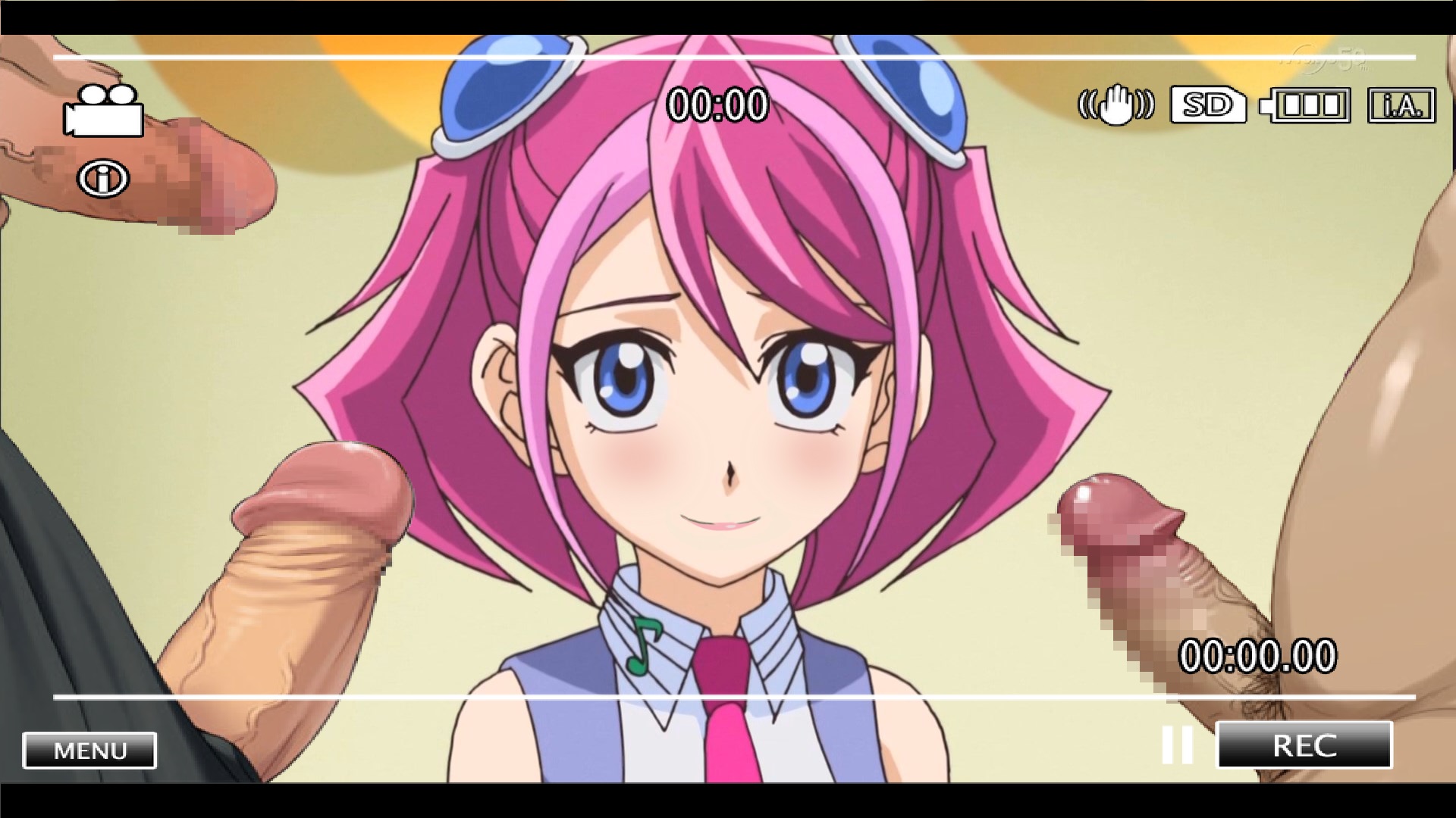 1girls, 3boys, alpha male, blue eyes, blush, camera, censored, cute, erection, eye contact, female, filming, hiiragi yuzu, imminent cumshot, imminent oral, konami, looking at viewer, male, mosaic censoring, penis, pink hair, pov, recording, shonen jump, shounen jump, shueisha, text, yu-gi-oh!, yu-gi-oh! arc-v, zuzu boyle