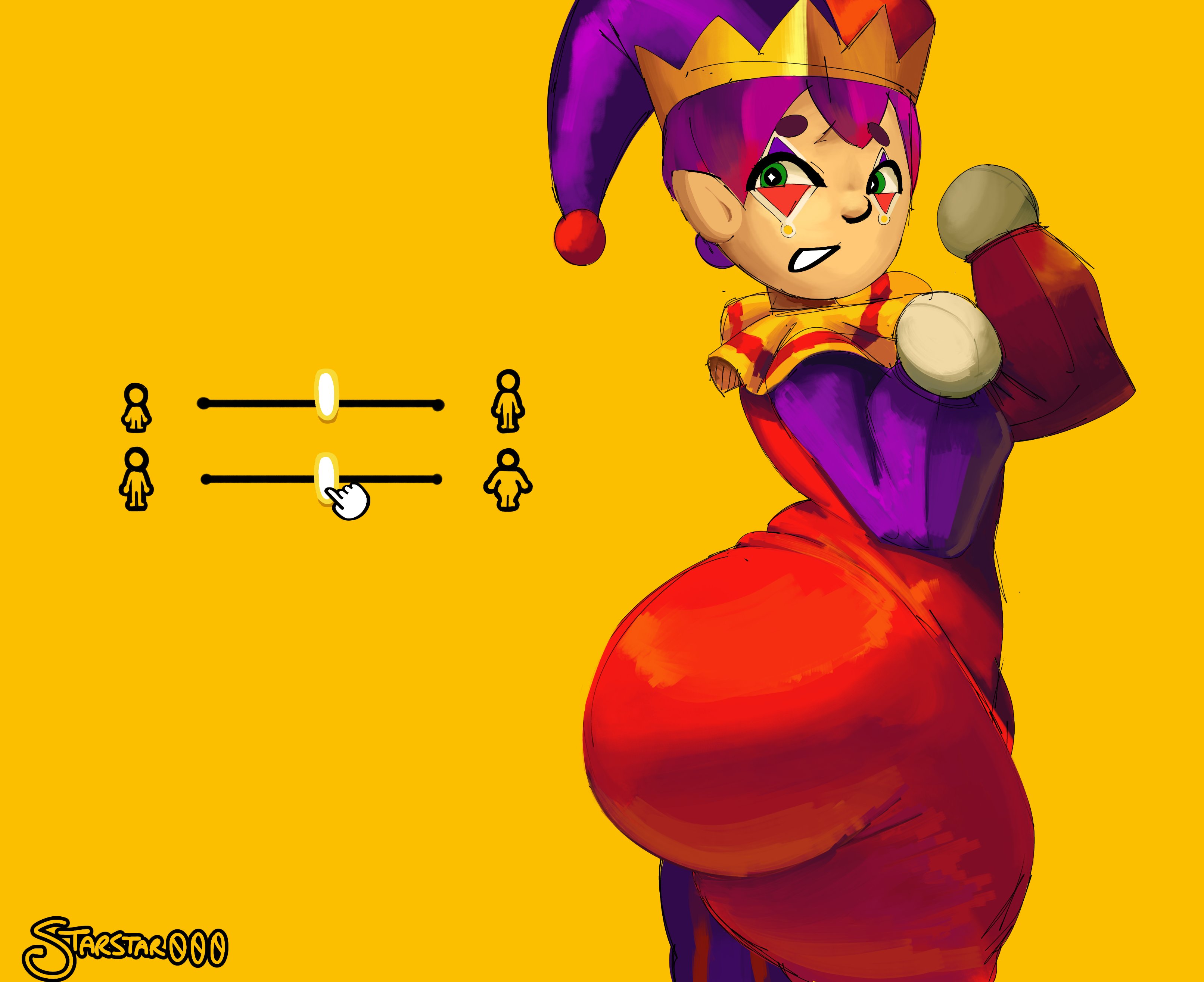big ass, clown, femboy, hugh morris, jester, jester hat, jester outfit, male, male only, mii, nintendo, slider, slider (control), starstar000, tomodachi life, tomodachi life: living the dream