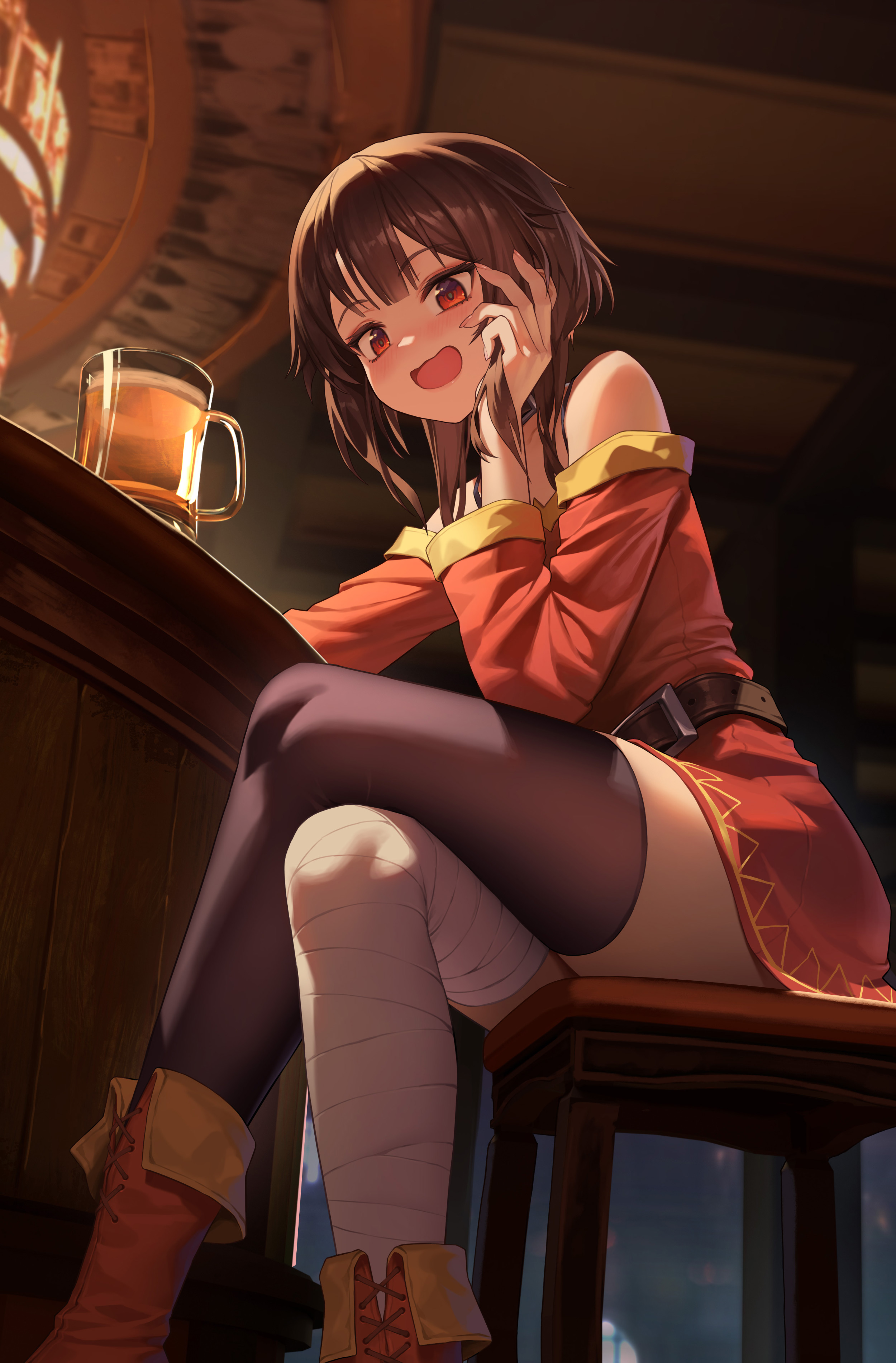 1girls, absurdres, bandaged leg, bandages, bar (place), bare shoulders, beer mug, black hair, black thighhighs, blush, chair, crossed legs, cup, dress, drinking glass, female, female only, hair between eyes, highres, kono subarashii sekai ni shukufuku wo!, long sleeves, looking at viewer, megumin, mug, off shoulder, off-shoulder dress, on chair, open mouth, red dress, red eyes, short hair, short hair with long locks, single thighhigh, sitting, smile, solo, thighhighs, thighs, xzu