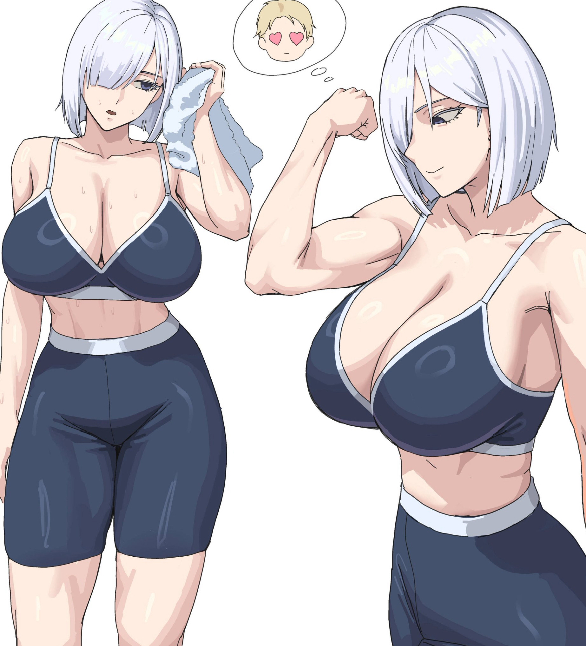 abdomen, bangs over one eye, bicep, bicep curl, big breasts, big thighs, blue eyes, bob cut, busty, busty female, cleavage, cleavage overflow, female, female focus, female only, fiona frost, fit, fit female, flexing bicep, gym, gym clothes, huge breasts, ksksksa, lean muscle, loid forger, midriff, oppai, pale-skinned female, short hair, solo, solo female, solo focus, spy x family, thick thighs, thought bubble, towel, towel on shoulder, white hair, wide hips, wide thighs, working out