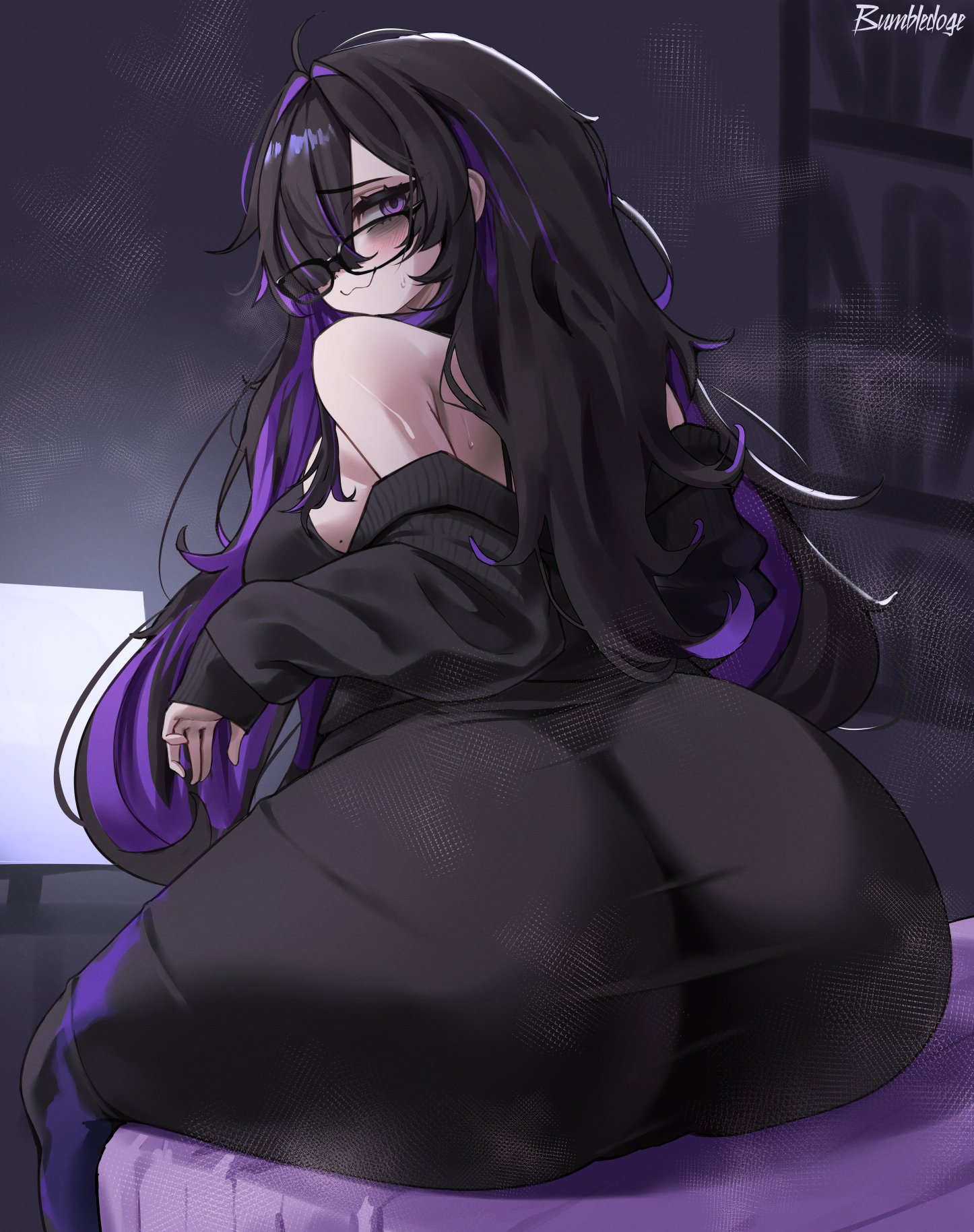 1girls, ass, black hair, bottom heavy, bumbledoge, female, glasses, goddess of victory: nikke, huge ass, label (nikke), looking back, messy hair, sweat, sweaty, two-tone hair