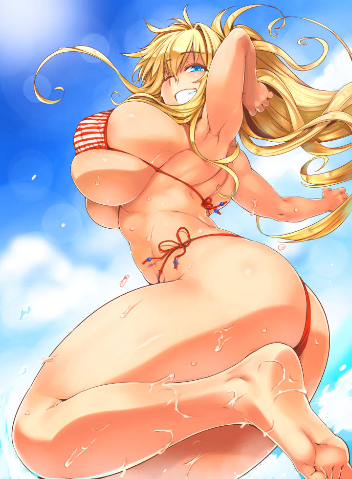 1girls, armpits, ass, barefoot, big breasts, bikini, blonde hair, blue eyes, breasts, bursting breasts, clothing, feet, female, huge breasts, human, long hair, looking at viewer, original, skimpy, sky, smile, soles, solo, solo female, string bikini, striped bikini, tabigarasu (mahjong yuugen gaisha 58), thick thighs, toes, wet, wink