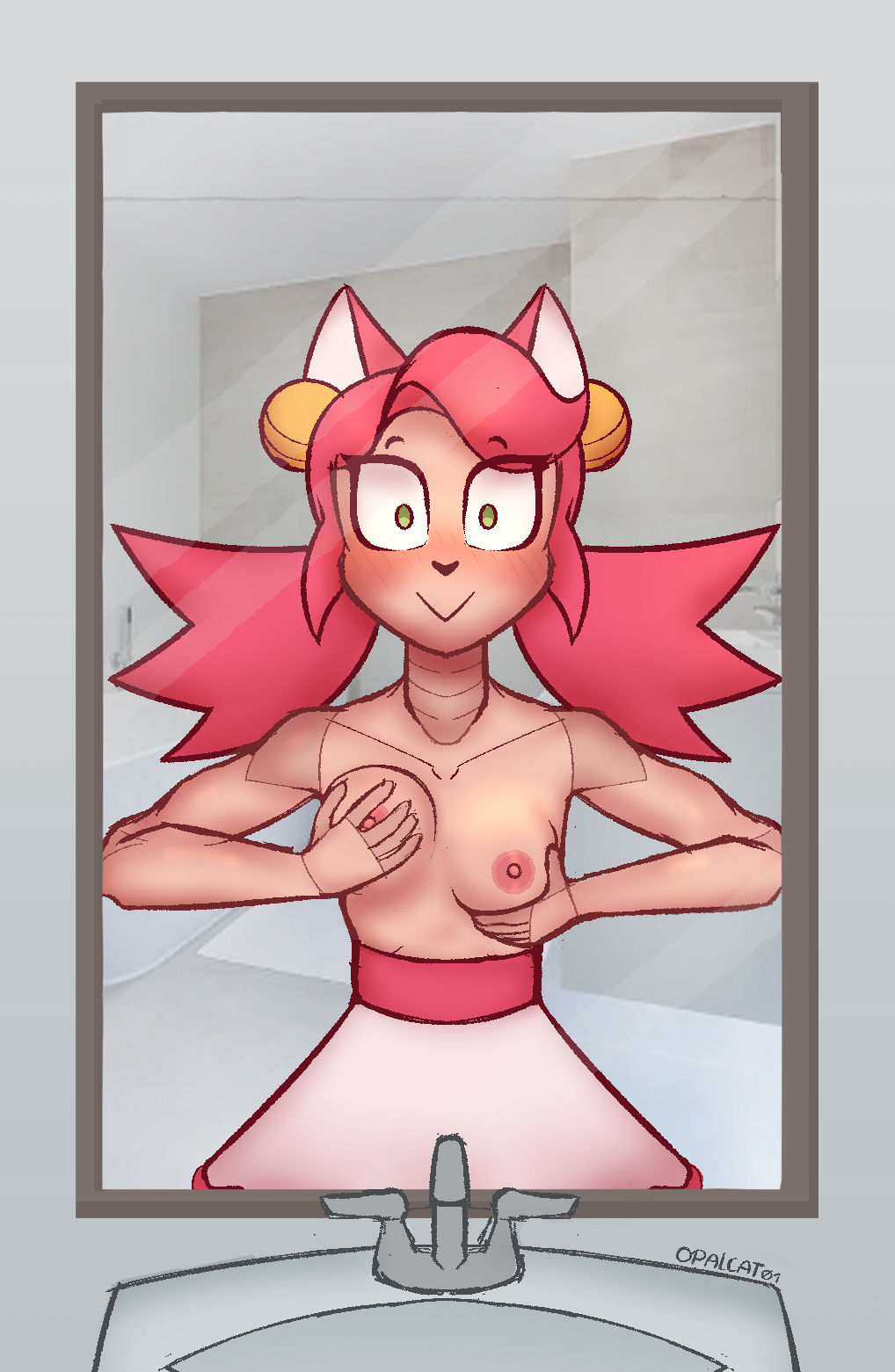 1girls, animatronic, animatronic female, bathroom, blush, cat ears, catgirl, gender euphoria, green eyes, mad mew mew, mirror, mirror reflection, opalcat01, pink ears, pink hair, robot, robot girl, robot joints, small breasts, solo, topless, touching breast, trans woman, transfem, undertale, white skirt