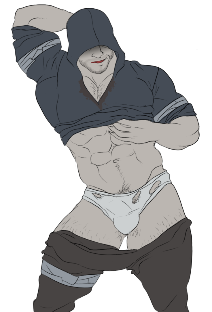 1boy abs beard beefy bulge chest_hair daddy flaccid hand_on_head hand_under_shirt hunter_(left_4_dead) left_4_dead_(series) male male_only manly pale_skin pubic_trail remert solo solo_male underwear