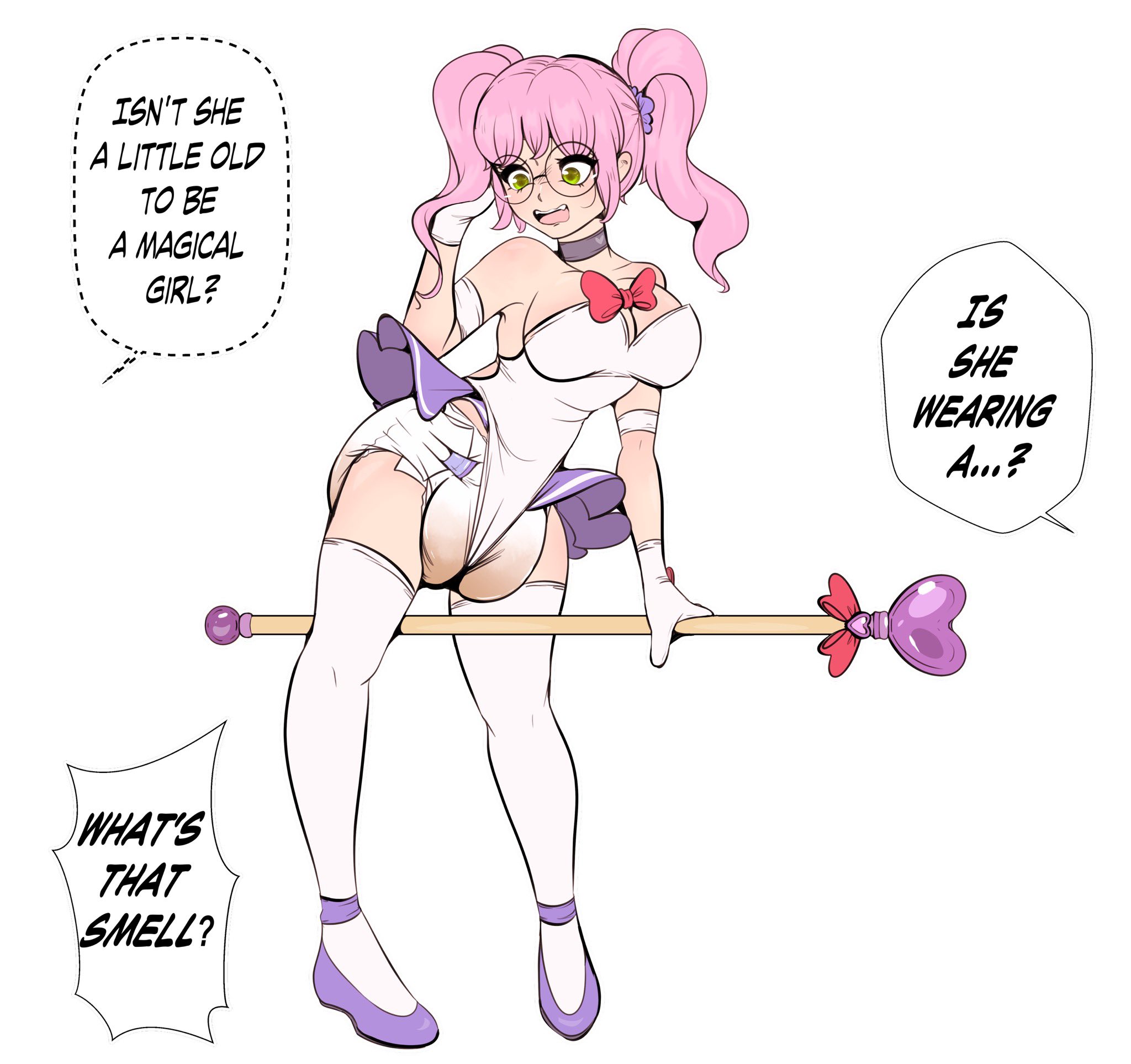 1girls, cleavage, diaper, english text, glasses, leotard, magical girl, messy diaper, noxalys, pink hair, scat, standing, thighhighs, wand, white diaper, white legwear