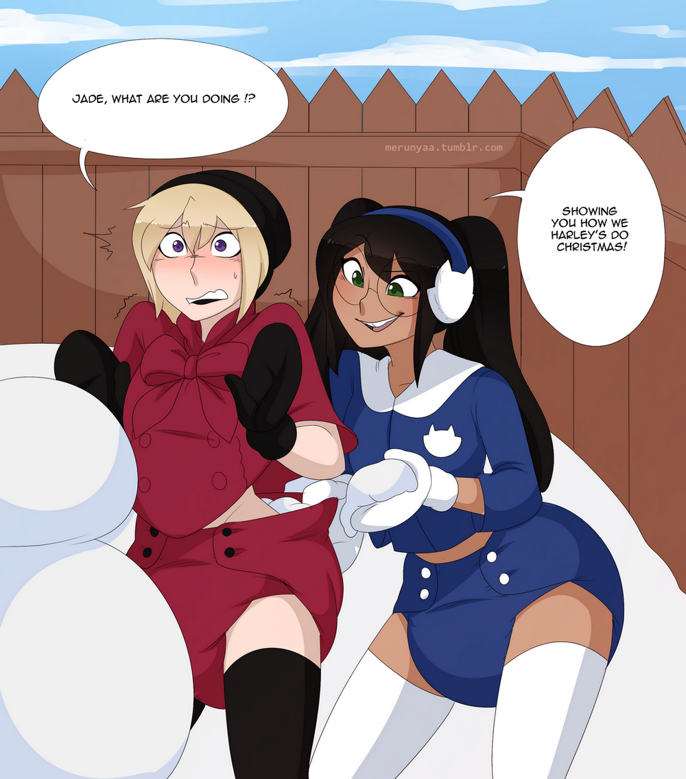 annoyed cloth_diaper detailed_background dialogue diaper duo english_text female fence merunyaa prank snow snowball snowman wearing_diaper