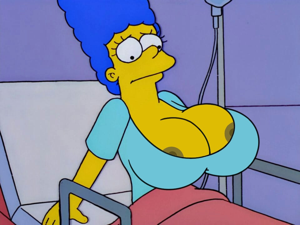 1girls, alternate breast size, big breasts, blue hair, breast expansion, breast growth, breast growth (enlargement), breasts, cleavage, edit, expansion, exposed nipples, female, hospital gown, huge breasts, large breasts, marge simpson, milf, solo, the simpsons