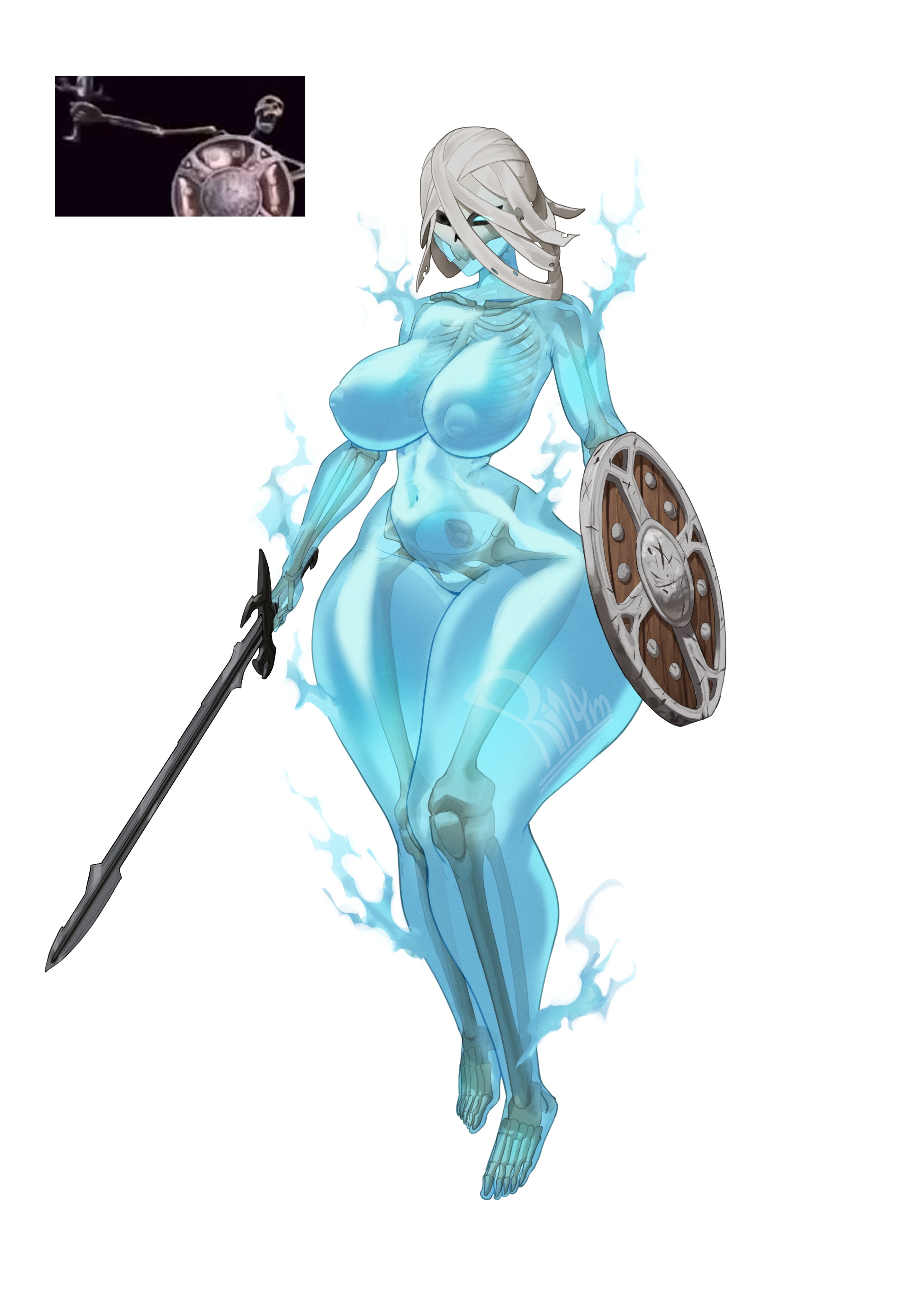 1girls, anal, areolae, big breasts, breasts, buttplug, child bearing hips, feet, female, hips, holding weapon, inverted nipples, large breasts, medium buttplug, meme, meme reference, monster, monster girl, navel, nipples, puffy nipples, ri14m, shield, simple background, skeleton, sword, thick thighs, thighs, undead, white background, wide hips