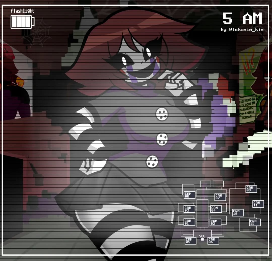 camera view, charlie emily, charlotte emily, five nights at freddy's, hourglass figure, liamvickers 98, looking at viewer, marionette (fnaf), original, original character, puppet (fnaf), sexy, smile, solo, striped arms, striped legs, tagme