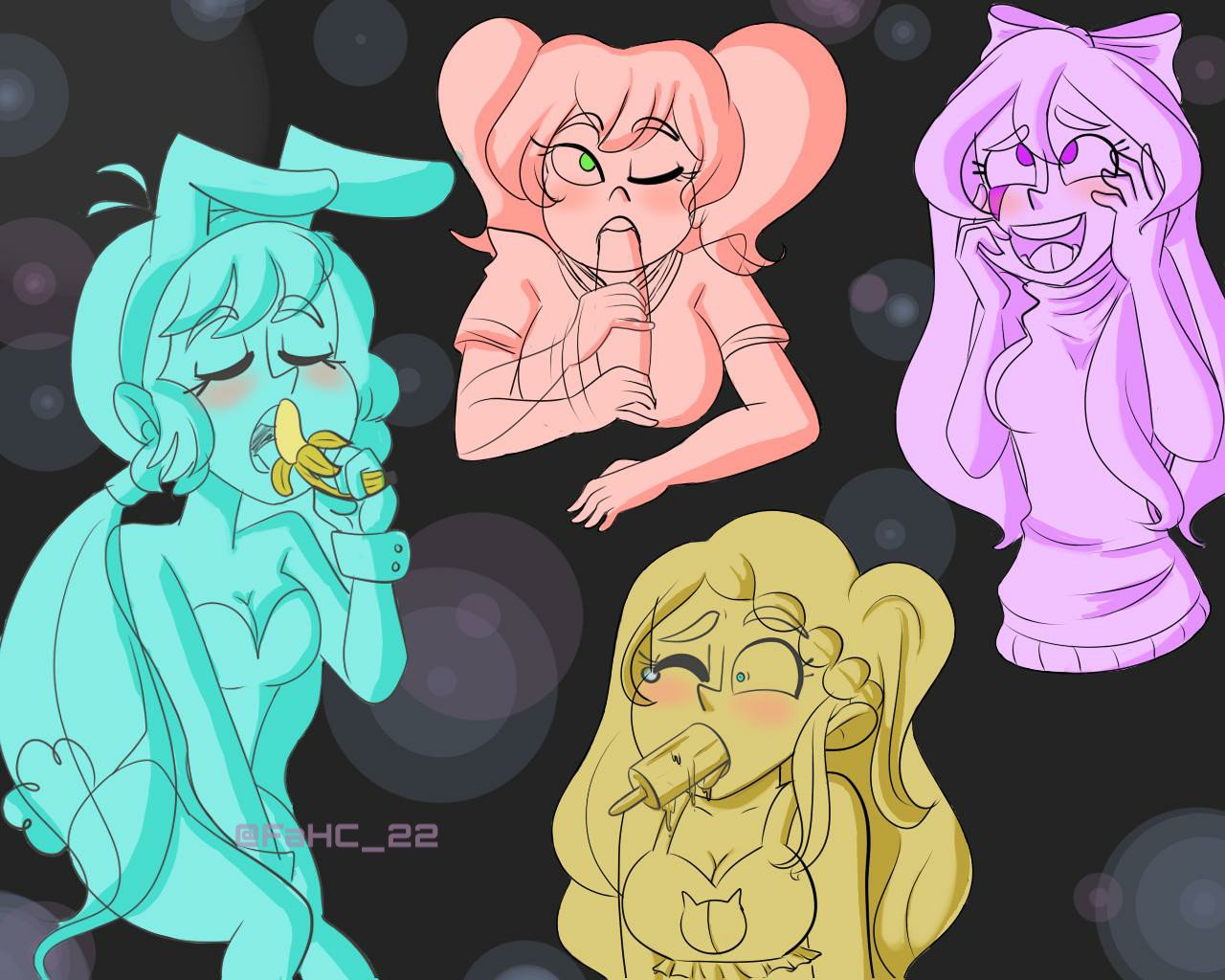 4girls abby_(fnafhs) ahegao blue_eyes bunny_ear bunny_ears bunny_girl bunny_tail bunnysuit fellatio female_only fnafhs fnafhs_z3ro green_eyes joy_(fnafhs) licking_popsicle long_hair looking_at_viewer mai_(fnafhs) multiple_girls oral purple_eyes short_hair tagme twintails usagi_(fnafhs) usagi_bon