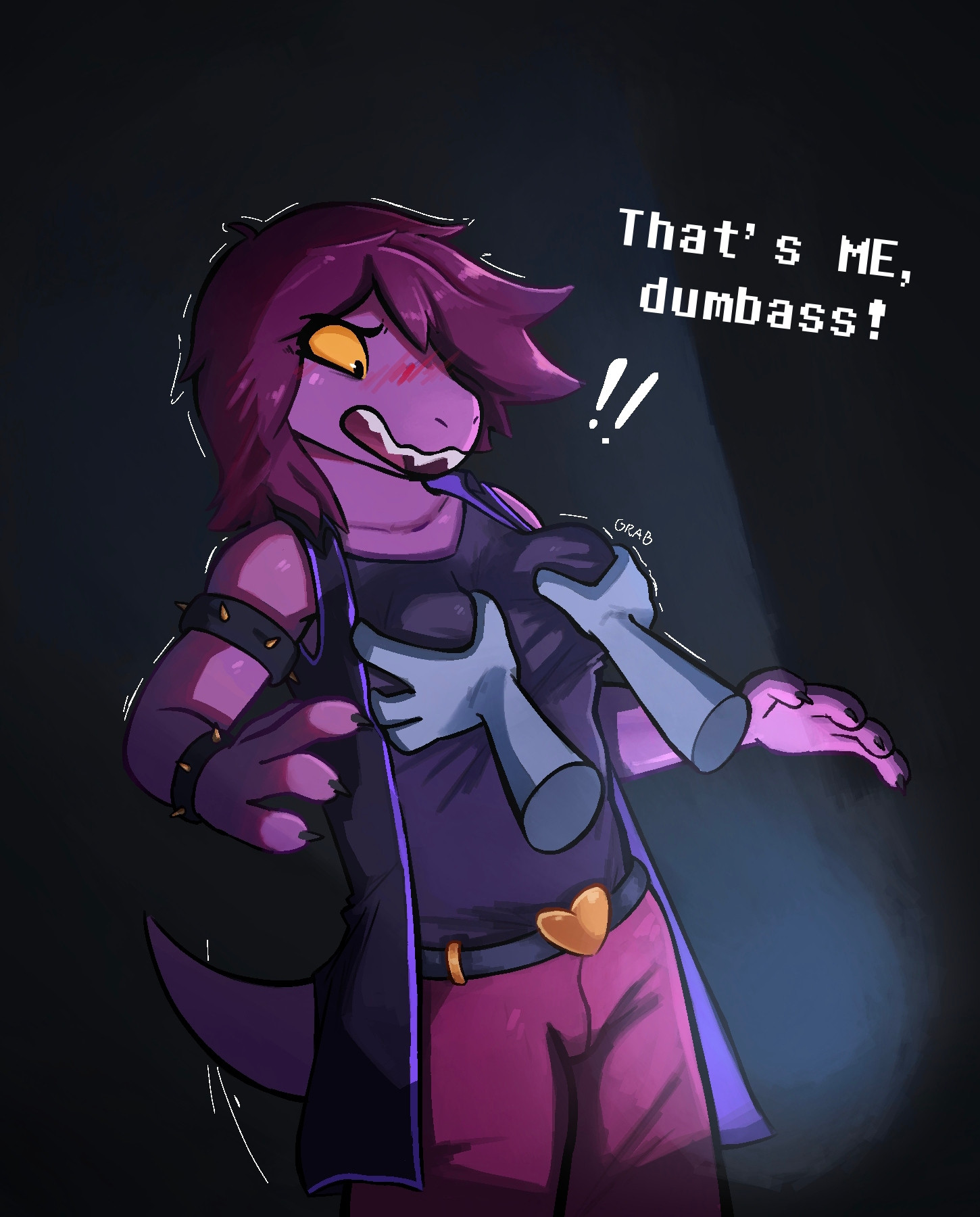 accidental circumstance, accidental grope, bluesky link, blush, boss fight, darkness, deltarune, deltarune chapter 4, dialogue, digital media (artwork), dinosaur, dinosaur girl, embarrassed, enginetrap, funny, groping, hands on boobs, kris (deltarune), scalie, sketch, susie (deltarune)