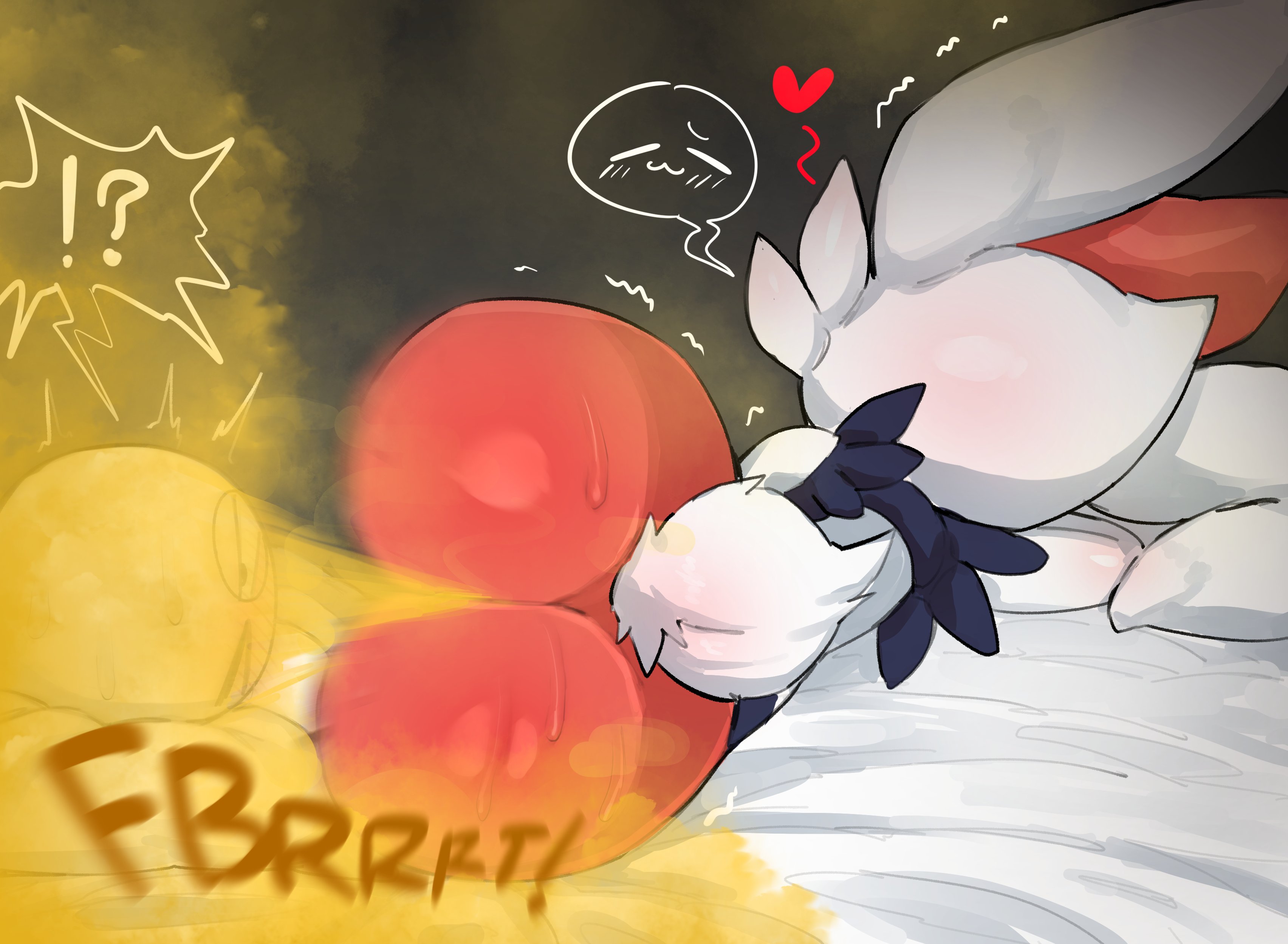 2d, absurd res, ambiguous gender, anon, anthro, ass, ass in face, bed, bedroom, big ass, blush, bubble butt, bunny, cinderace, fart, fart fetish, farting, farting in face, farting on another, fire type, furry, hanuvo, heart, lagomorph, looking relieved, lying on bed, naked, nintendo, no genitals, no sex, nonhuman, nude, onomatopoeia, pokemon, pokemon (species), rabbit, size difference, sleeping, sweat, sweaty, sweaty ass, tagme, text