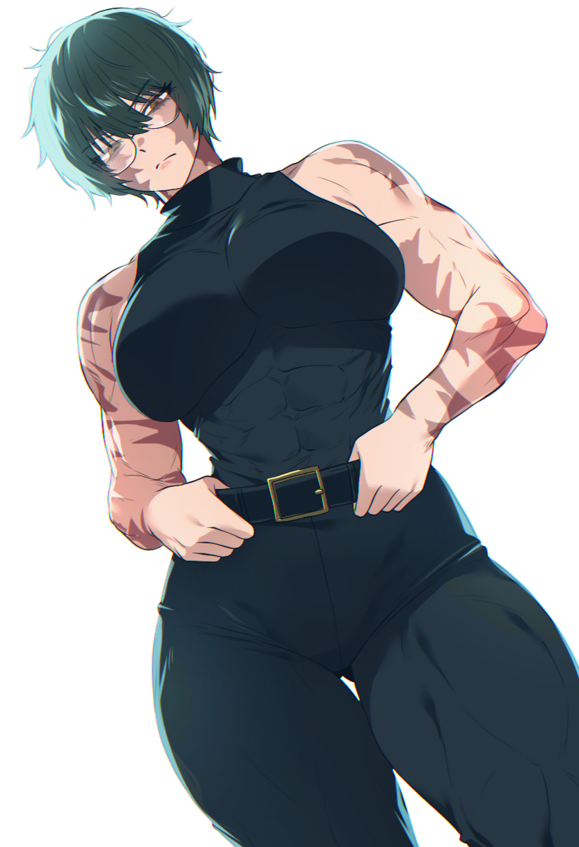 1girls, abs, bare shoulders, belt, black belt, black pants, black shirt, breasts, brown eyes, burn scar, eyewear, glasses, green hair, green-haired female, highres, jujutsu kaisen, large breasts, looking down, maki zenin, muscular, muscular female, muscular thighs, pants, scar, scar on face, scars, shirt, short hair, simple background, sleeveless, sleeveless shirt, sleeveless turtleneck, solo, solo female, spoiledmuffin, thighs, tomboy, turtleneck, white background, zenin maki