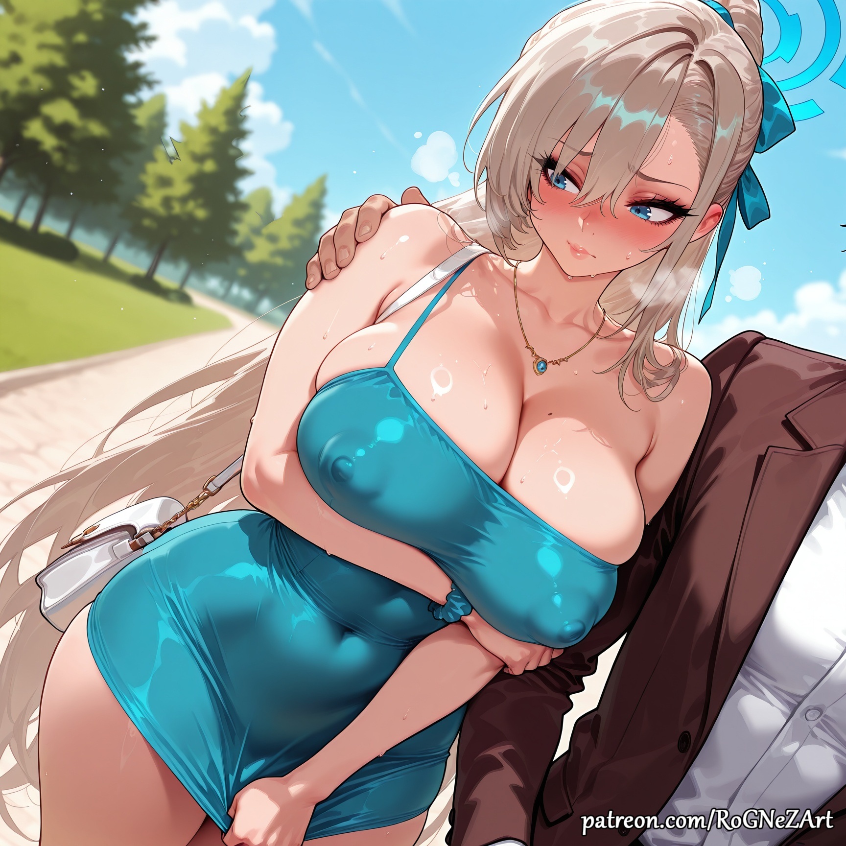 1boy, 2025, ai generated, arm around shoulder, asuna (blue archive), bag, bangs, bare shoulders, blue archive, blue dress, blue eyes, blue sky, blush, breasts, cleavage, closed mouth, cloud, collarbone, covered navel, covered nipples, day, dress, dress tug, dutch angle, female, female focus, flushed, hair ribbon, hand on another's shoulder, handbag, hi res, highres, huge breasts, jewelry, large breasts, light brown hair, long hair, male, mole, mole on breast, necklace, neutral expression, outdoors, patreon, ribbon, rognezart, scrunchie, shirt, short dress, sky, solo focus, straight, sweat, sweaty, tree, very long hair, white shirt, wrist scrunchie
