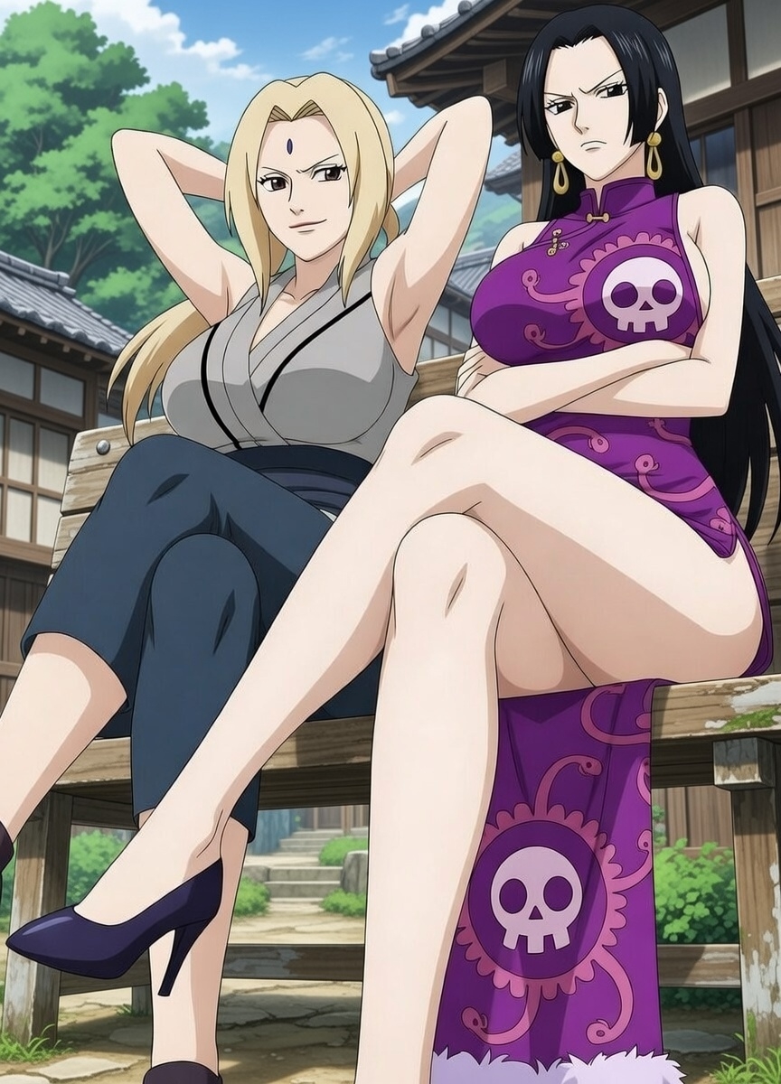2d, 2girls, ai generated, arms behind head, black hair, blonde hair, boa hancock, brown eyes, caucasian female, crossed legs, crossover, female, female only, flaunting, grok, looking at viewer, naruto, naruto (series), one piece, sitting, tsunade