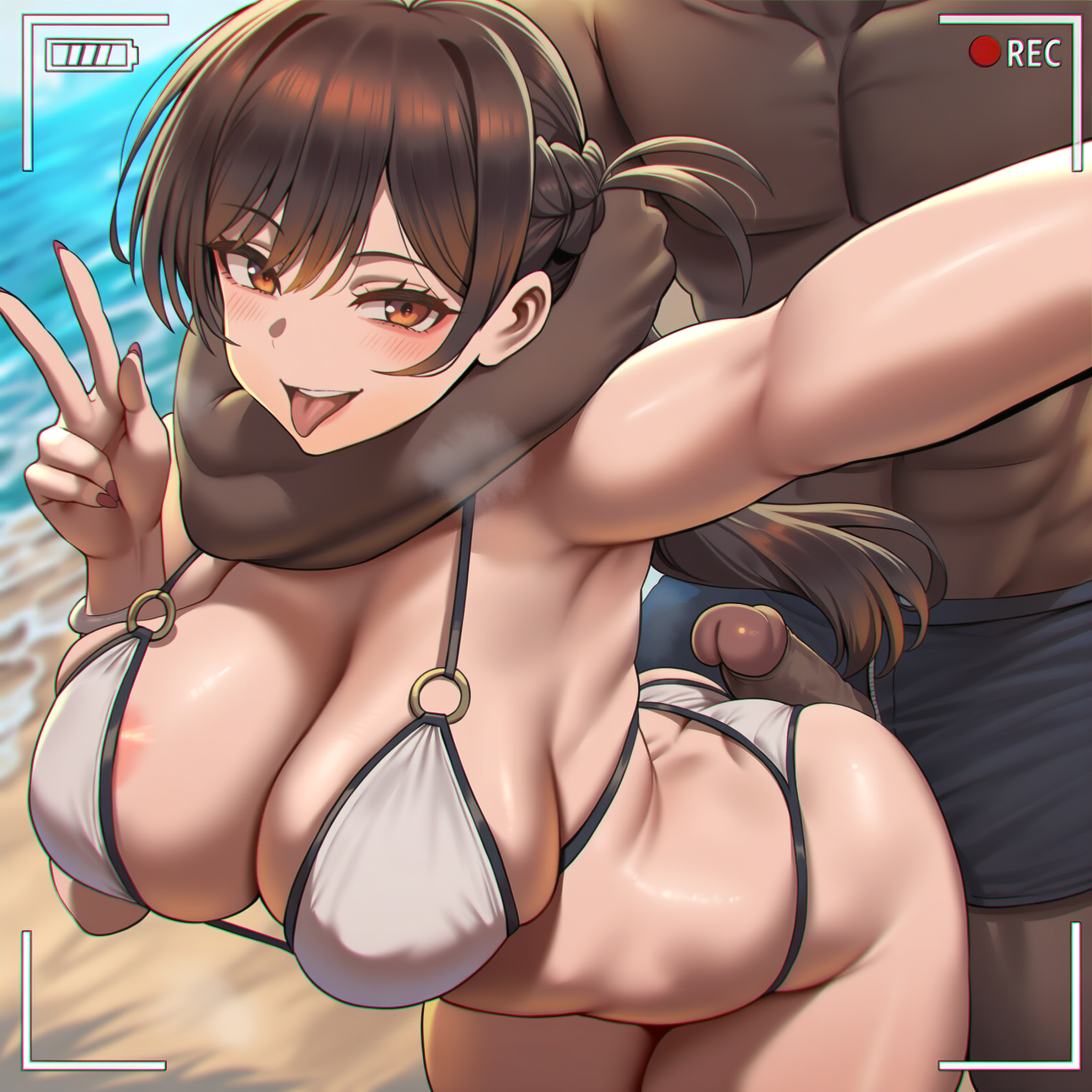 1boy, 1boy1girl, 1girls, 2026, absurd res, ai generated, ass, beach, behind another, breasts, brown eyes, brown hair, choking, dark skin, dark-skinned male, enmaai, female, highres, interracial, kanojo okarishimasu, large ass, large breasts, large penis, light skin, light-skinned female, long hair, male, mizuhara chizuru, ntr, outstretched arms, peace sign, penis, penis on ass, recording, self upload, thick thighs, tongue out, white bra, white panties