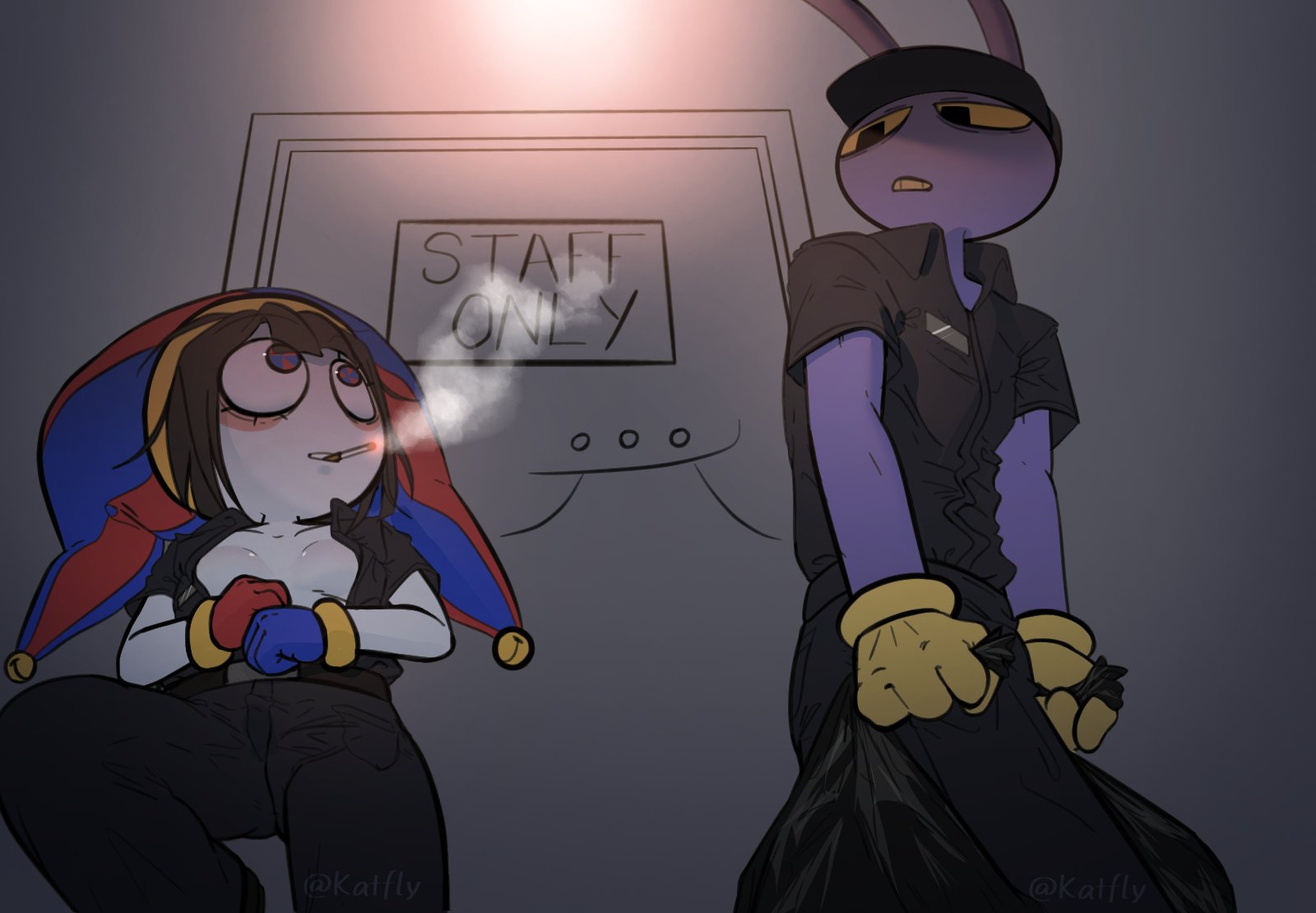 awkward, bunny, bunny ears, caught, cigarette, cigarette in mouth, cleavage, digital creature, door, fast food uniform, gloves, jax (tadc), jax (the amazing digital circus), jester hat, katfly, larger male, pomni, pomni (spudsys), pomni (tadc), pomni (the amazing digital circus), purple body, sign, small breasts, smaller female, smoking, taller male, the amazing digital circus, trash bag, unbuttoned shirt, white body, work uniform