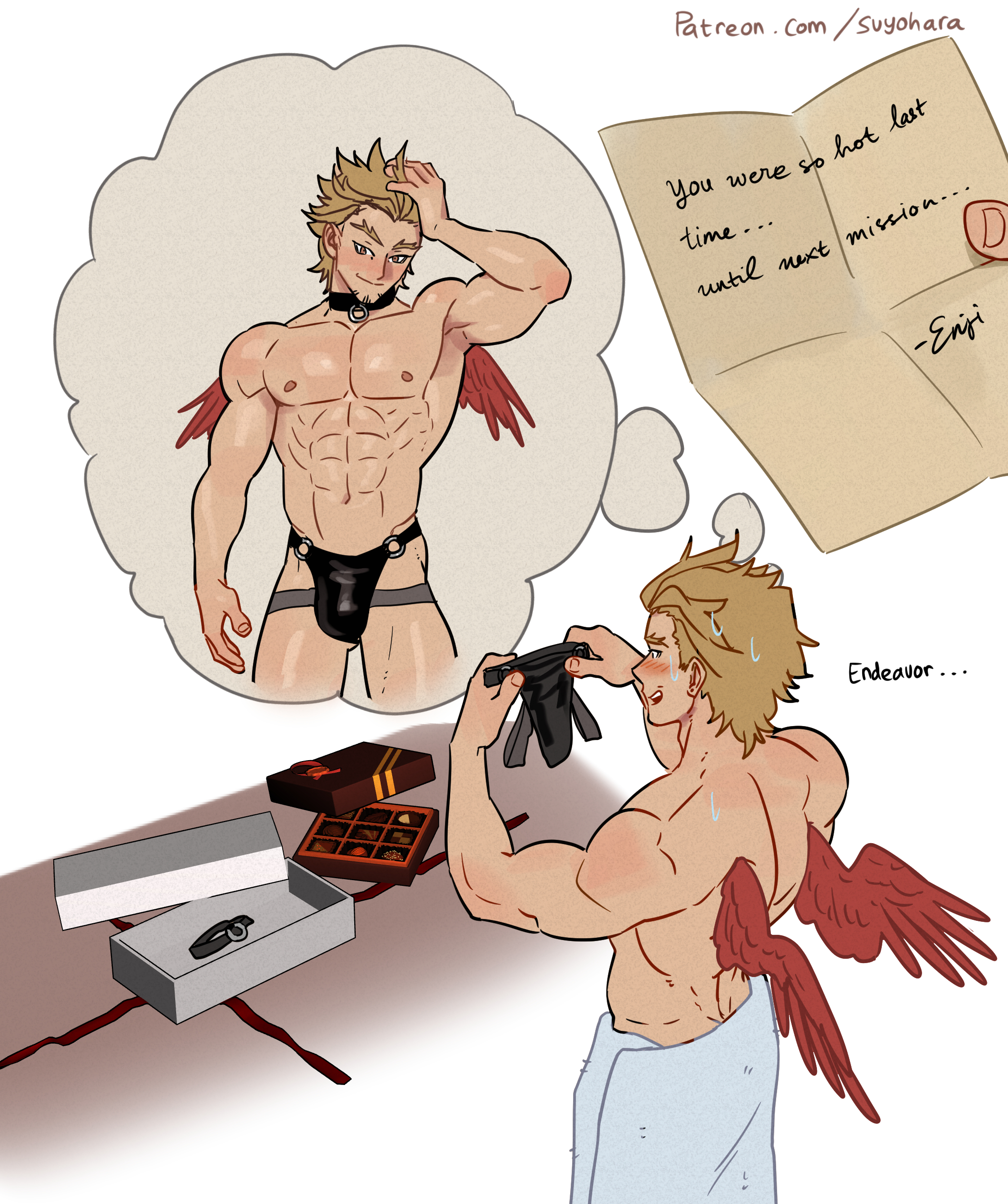 1boy, abs, bara, blush, collar, fetish wear, gay, happy, hawks (my hero academia), imagining, jockstrap, jockstrap only, keigo takami, male, male only, manly, masculine, masculine male, more at source, muscular male, my hero academia, note, smile, smiling, solo focus, suyohara, sweat, tagme, towel, towel around waist, towel only, valentine's day, wings, yaoi