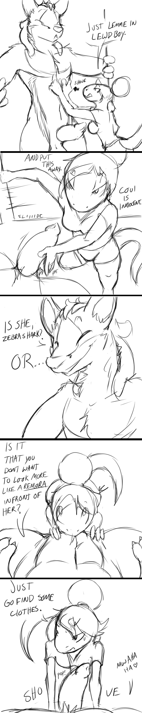 absurd_res canid canine comic dahp dialogue female flaccid grey_fox hi_res male mammal monochrome noonie-beyl notactuallyhere oral penis size_difference straight urocyon zebrashark