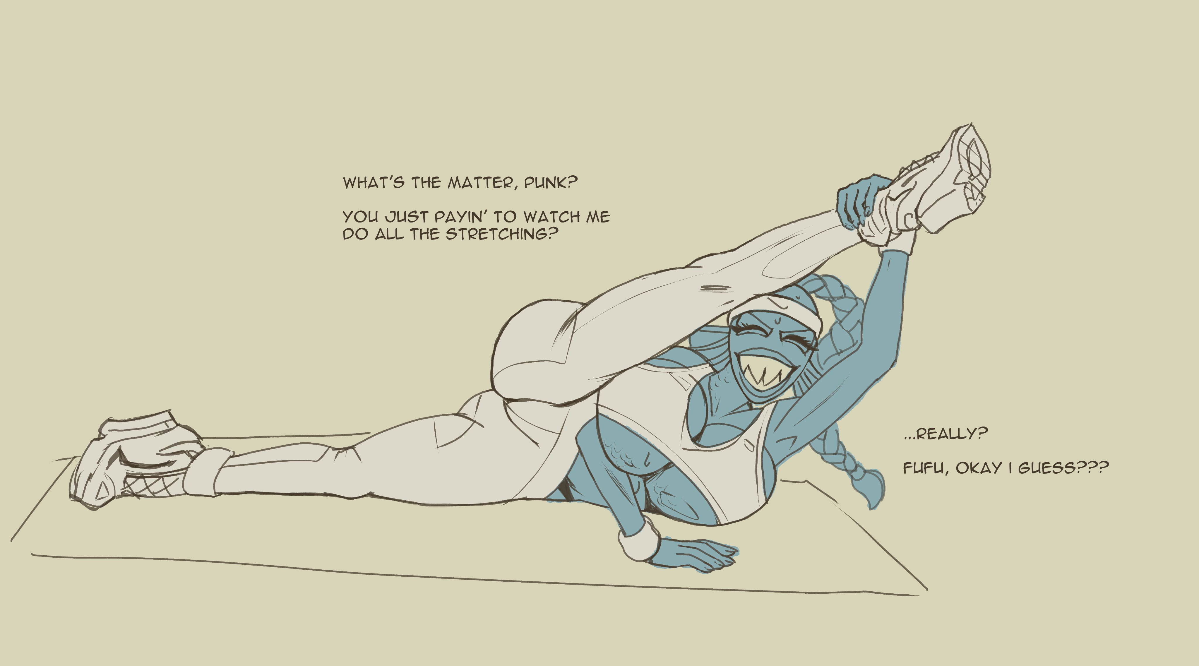 1girls, 2d, anthro, big breasts, deltarune, female, fish, huge breasts, leg up, putricia, sharp teeth, smile, sports bra, stretching, tagme, undertale, undertale (series), undyne, yoga, yoga pants
