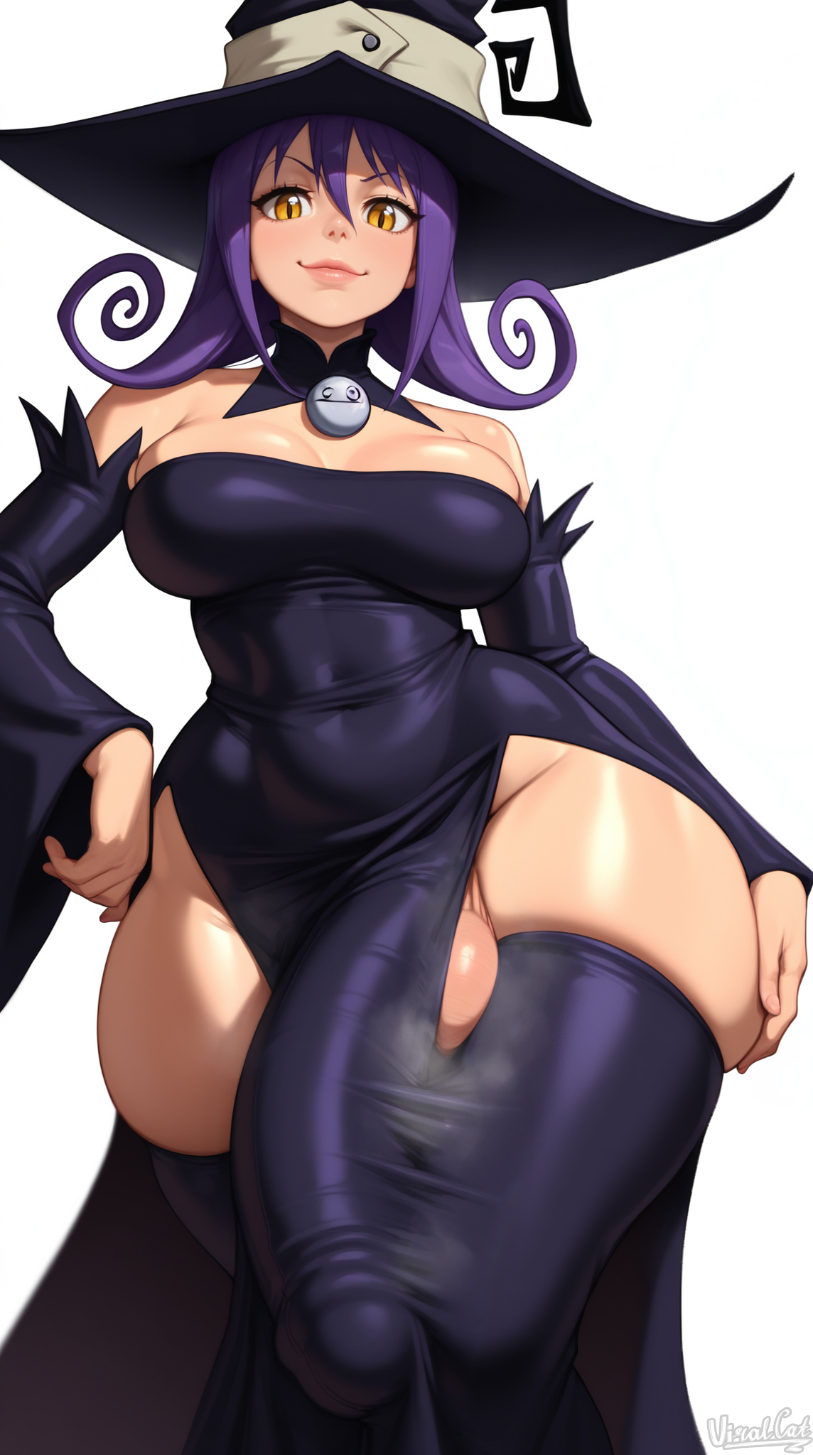 1futa, 2026, ai generated, big balls, big breasts, big penis, blair (soul eater), bulge, bulge down leg, bulge through clothing, bulge under clothes, bursting breasts, bursting penis, child bearing hips, futa only, futanari, horny, horny futa, huge balls, huge breasts, huge cock, hung futa, hyper breasts, hyper penis, imminent rape, imminent sex, looking at viewer, looking pleasured, musk, musk clouds, posing, posing for the viewer, purple hair, soul eater, thick thighs, thunder thighs, tight clothing, viralcat, witch, witch hat, yellow eyes