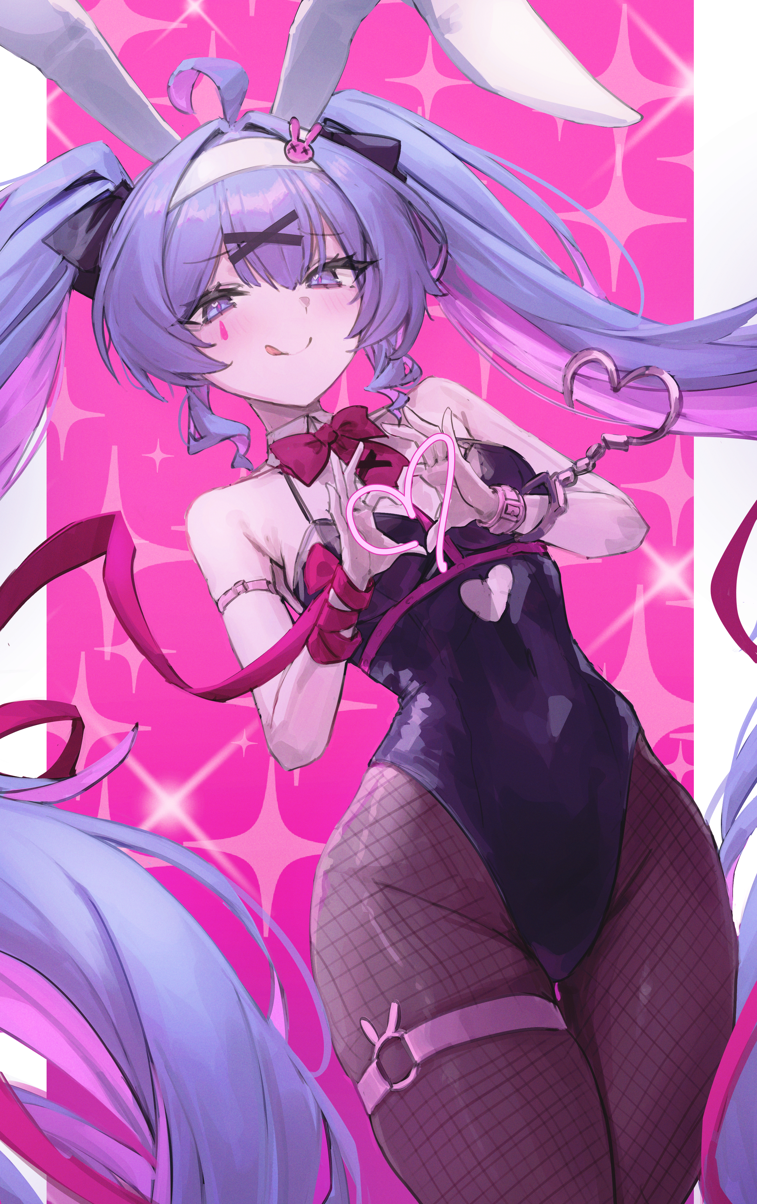 :q, 1girl, absurdres, ahoge, animal ear hairband, animal ears, artist request, bangs, bare shoulders, black leotard, black pantyhose, blue eyes, blue hair, blush, bow, bowtie, breasts, closed mouth, commentary, cuffs, detached collar, fake animal ears, female, fishnet pantyhose, fishnets, gabang, hair between eyes, hair ornament, hairband, hairclip, handcuffs, hatsune miku, heart, heart hands, heart-shaped pupils, highres, leotard, long hair, looking at viewer, pantyhose, pink background, playboy bunny, purple eyes, purple hair, rabbit ear hairband, rabbit ears, rabbit hole (vocaloid), red bow, ribbon, smile, solo, symbol-shaped pupils, thigh strap, tongue, tongue out, twintails, very long hair, vocaloid, white hairband, x hair ornament