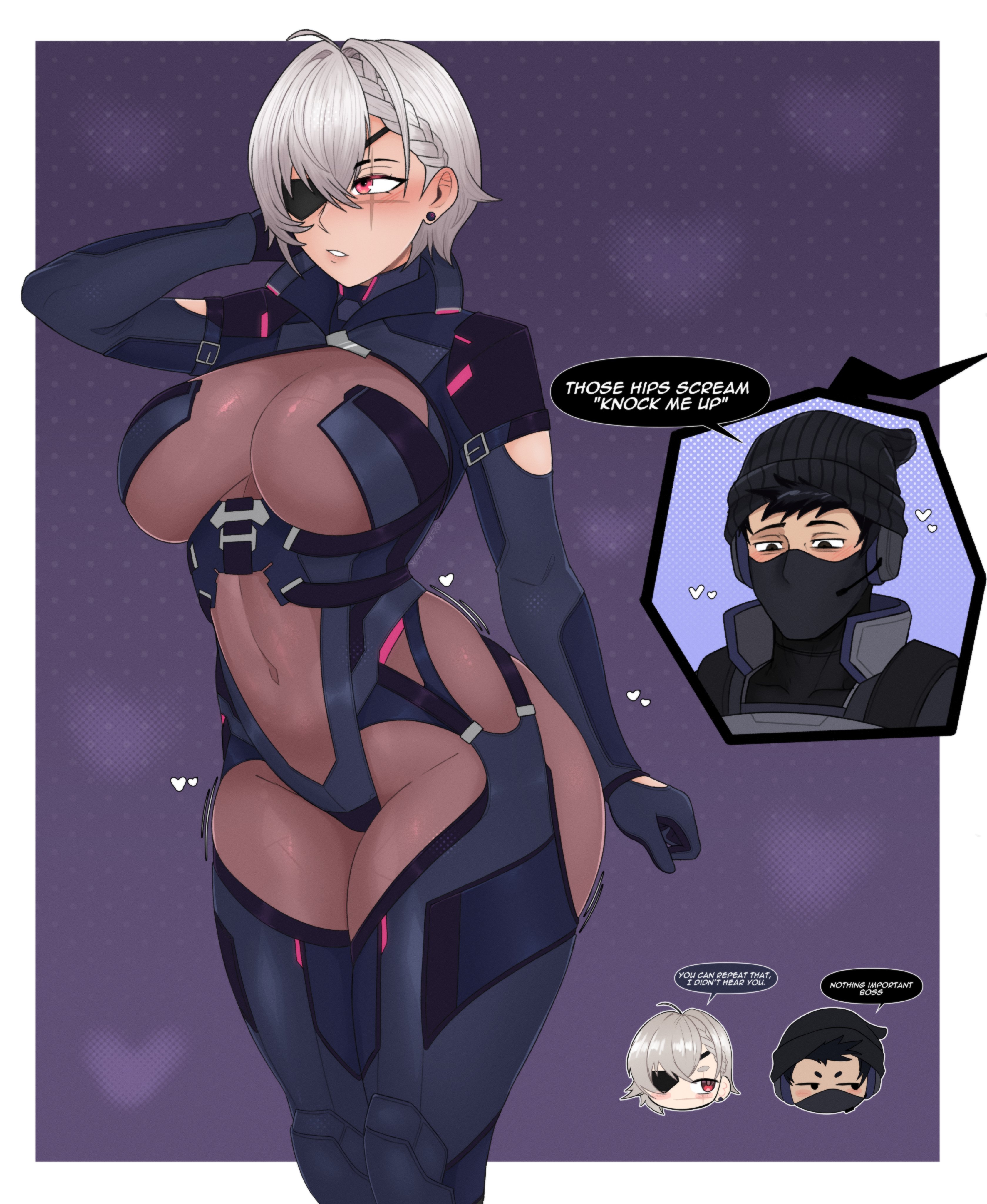 1boy, 1girls, ahoge, boobs, breasts, covered nipples, earrings, escriba, eyepatch, female, orange eyes, partially clothed, saruei (vtuber), scar, scar across eye, scar on face, simple background, virtual youtuber, vtuber, white hair